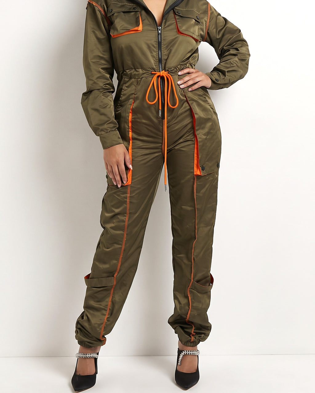 Olive combo color detailed utility jumpsuit, alternate front view on model
