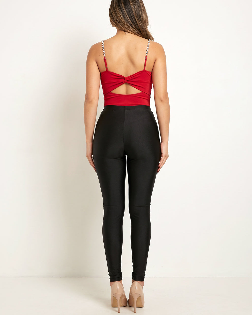 Red rhinestone trimmed bodysuit, back view on model