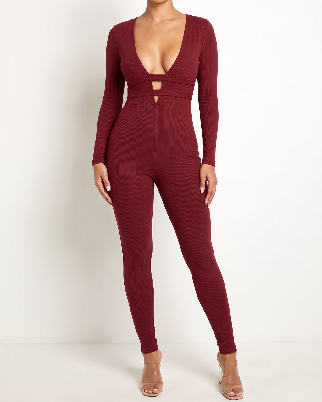 Burgundy zipper back deep V neck jumpsuit, front view on model
