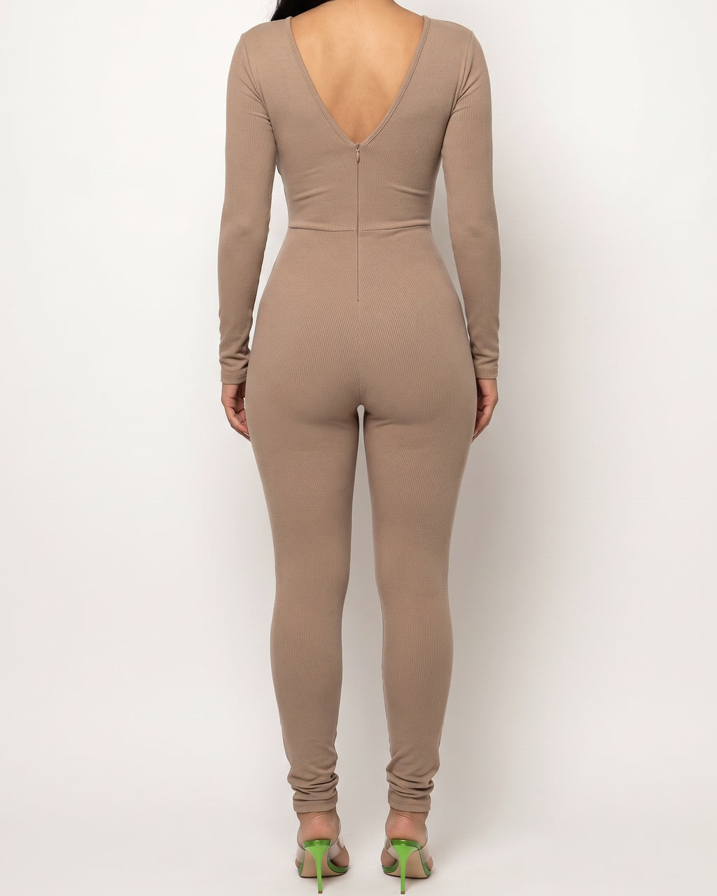 Mocha zipper back deep V neck jumpsuit, back view on model