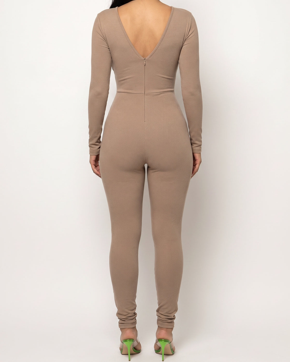 Mocha zipper back deep V neck jumpsuit, back view on model