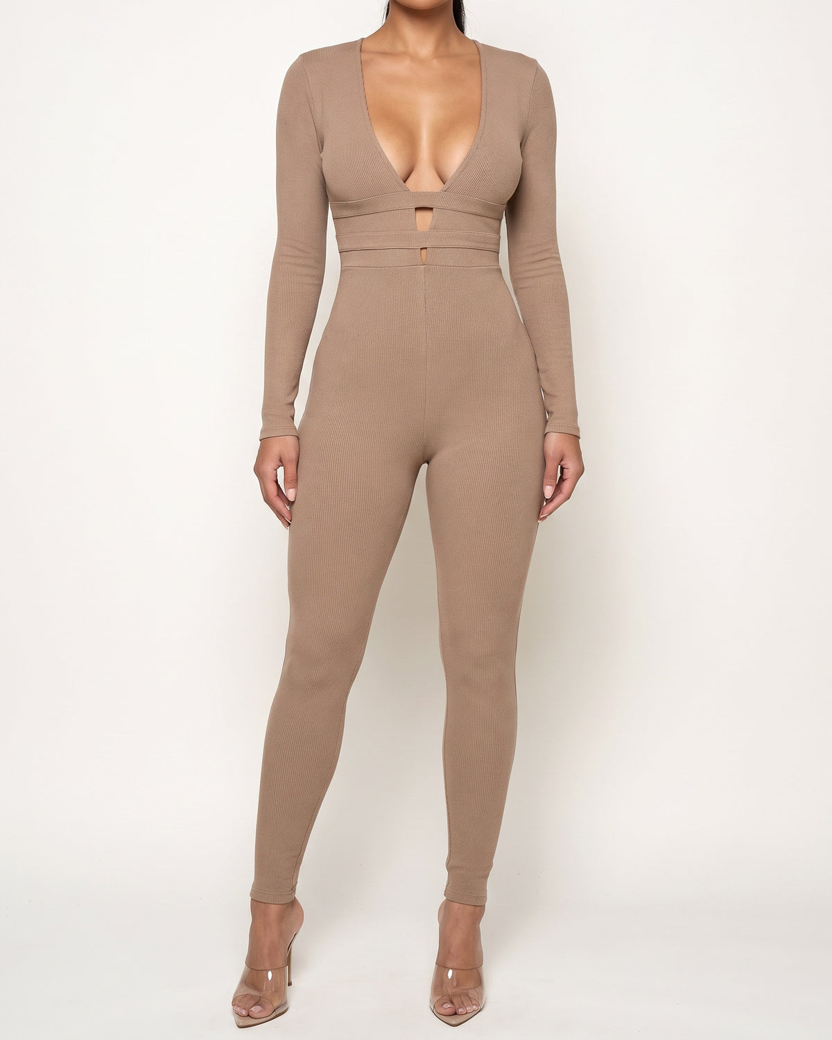 Muvin women's mocha zipper back deep V neck jumpsuit, front view on model
