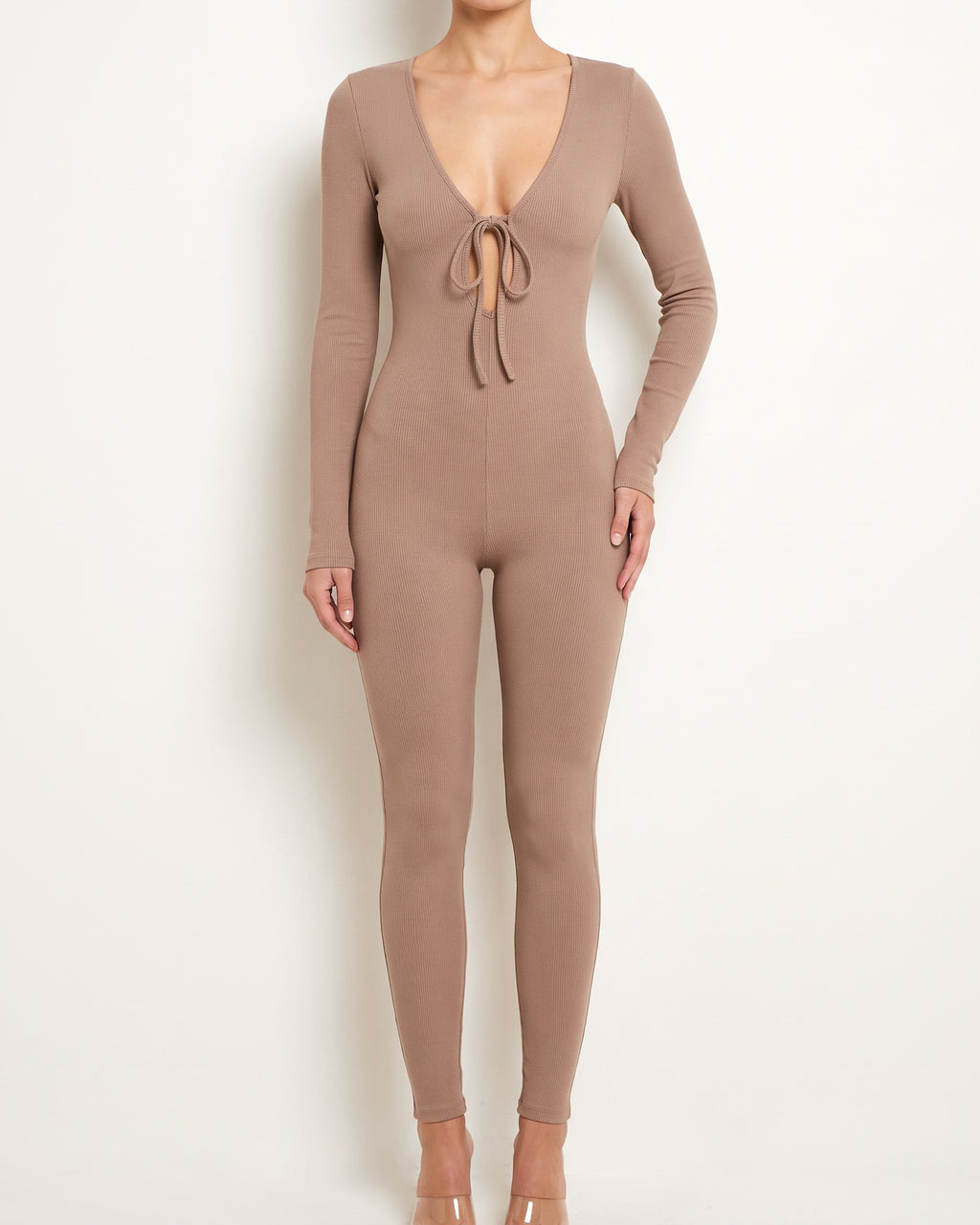 Mocha zipper back deep V neck jumpsuit, alternate front view on model