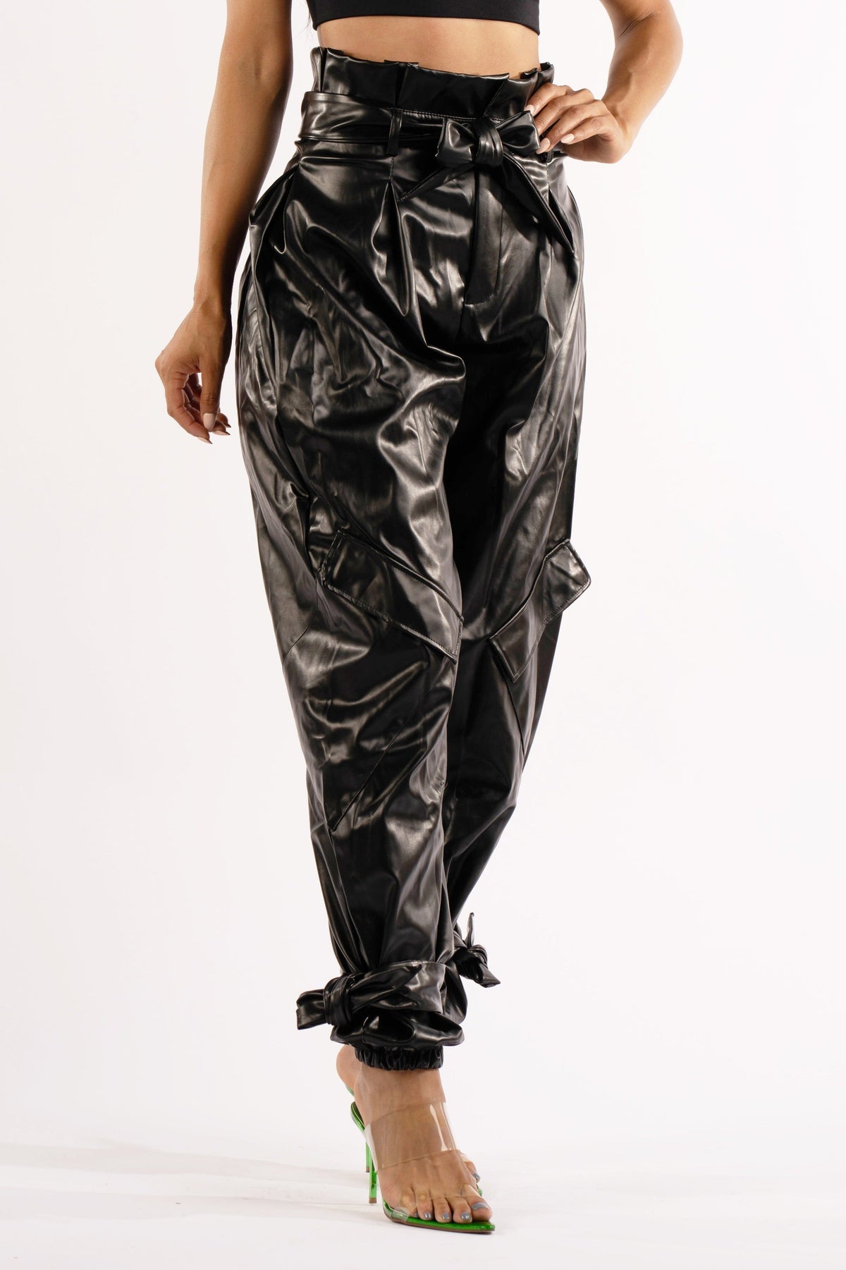 Metallic faux leather jogger pants styled outfit look
