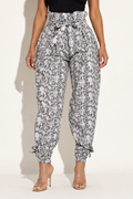 Muvin women's grey snakeskin paperbag cargo jogger pants, front view showing self-tie belt and cuffed ankles