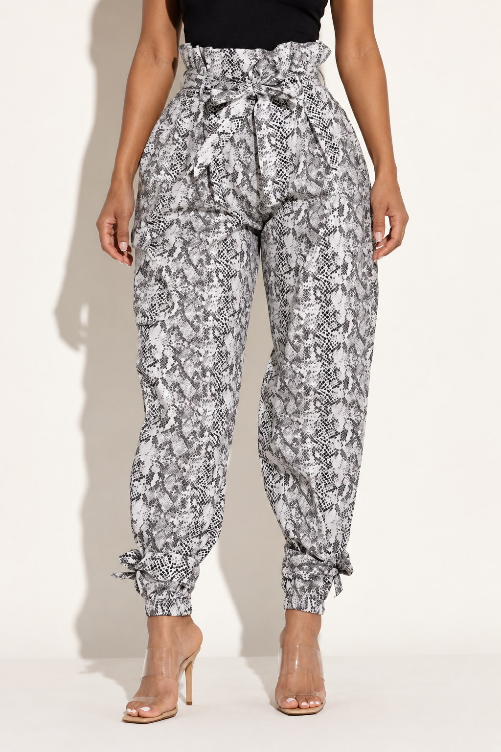 Muvin women's grey snakeskin paperbag cargo jogger pants, front view showing self-tie belt and cuffed ankles