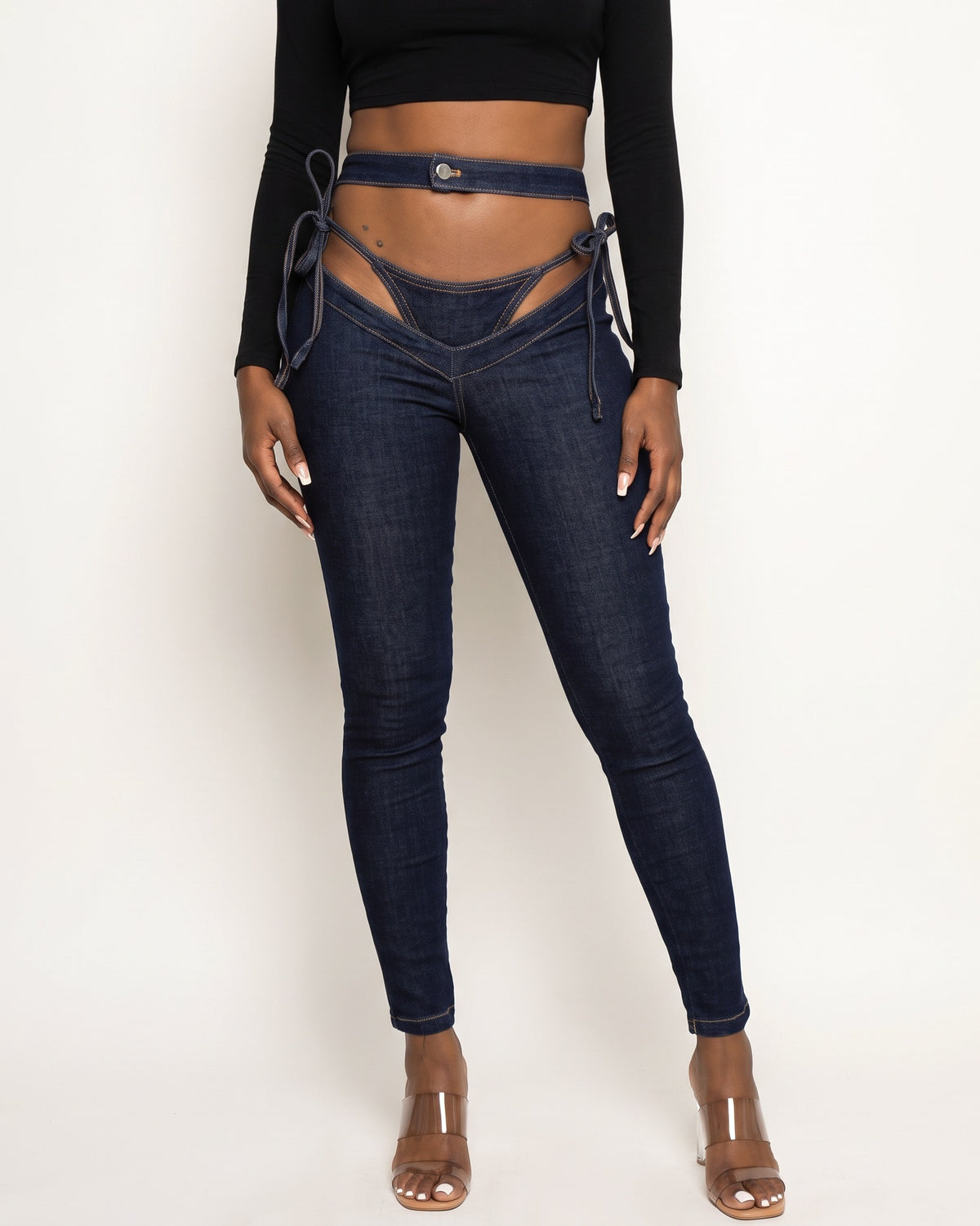 Indigo bikini cutout denim pants, front view on model