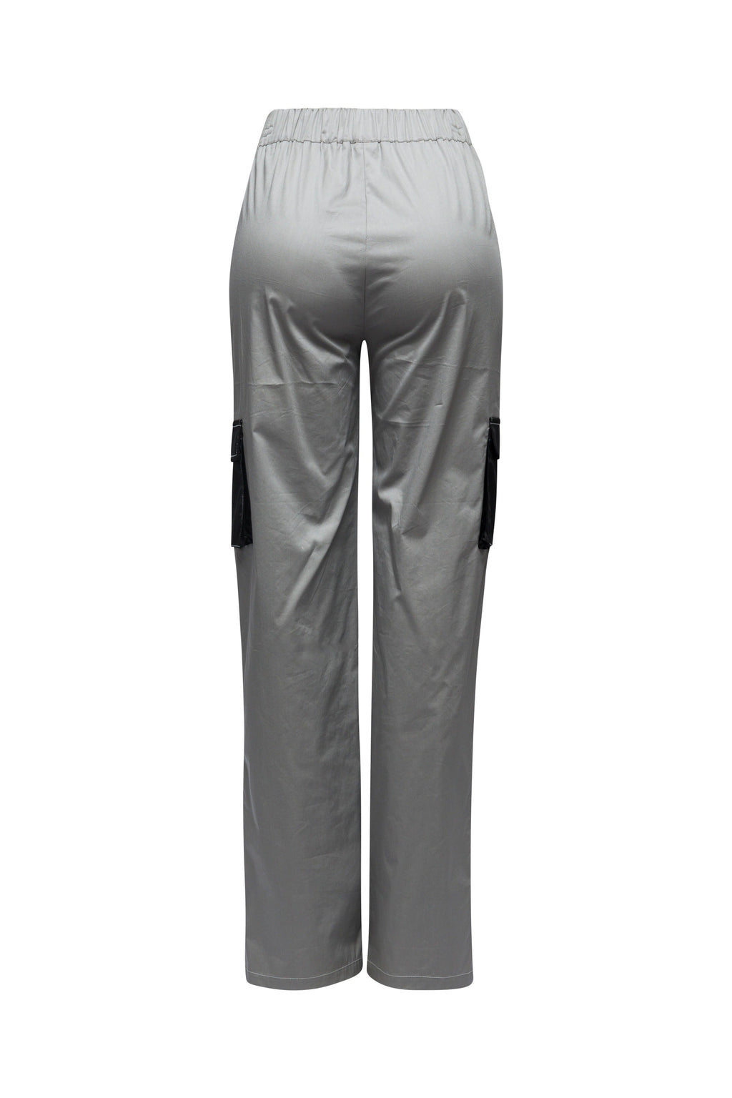 Grey colorblock wide leg pants, detail view on model