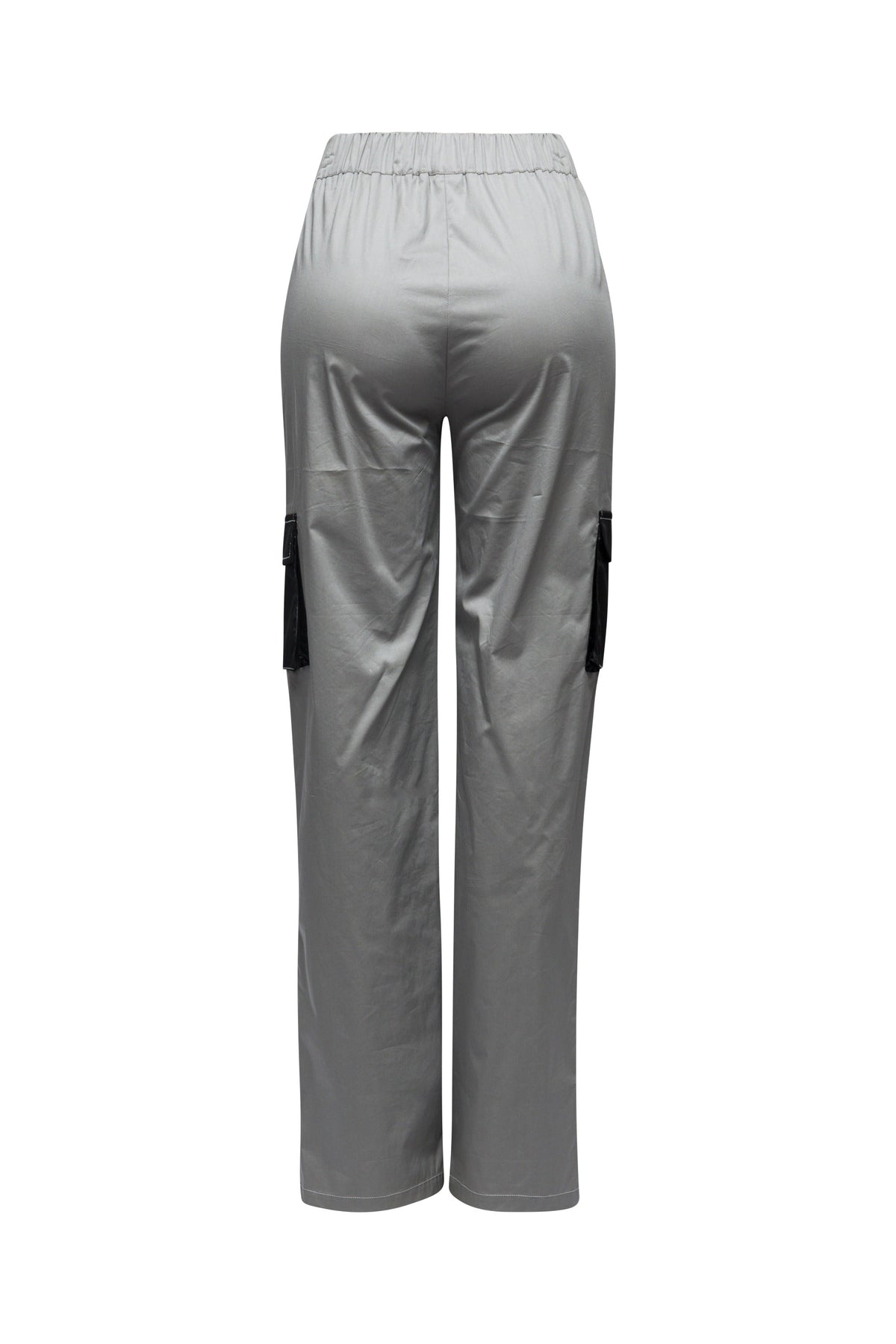 Grey colorblock wide leg pants, detail view on model