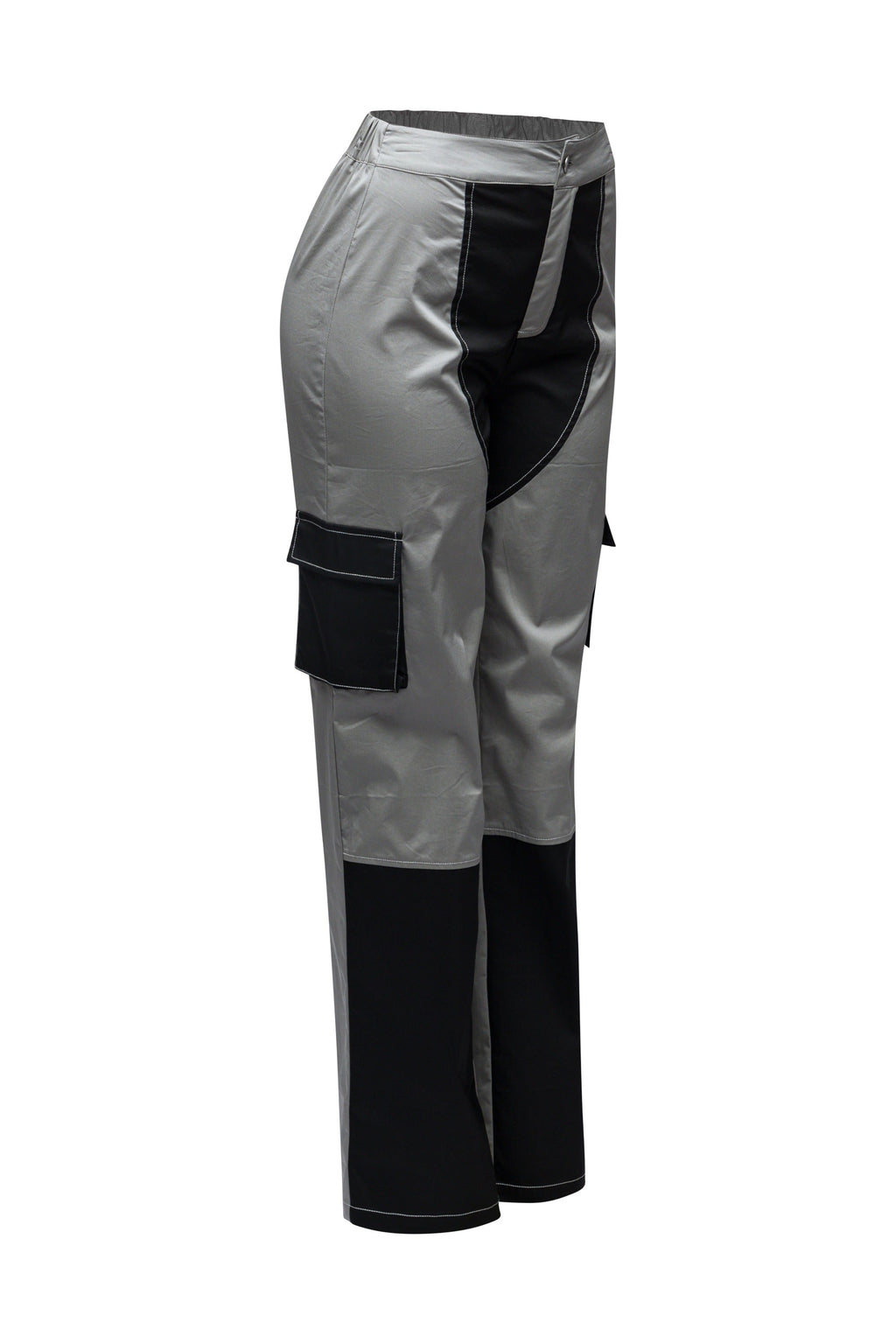 Grey colorblock wide leg pants, side view on model