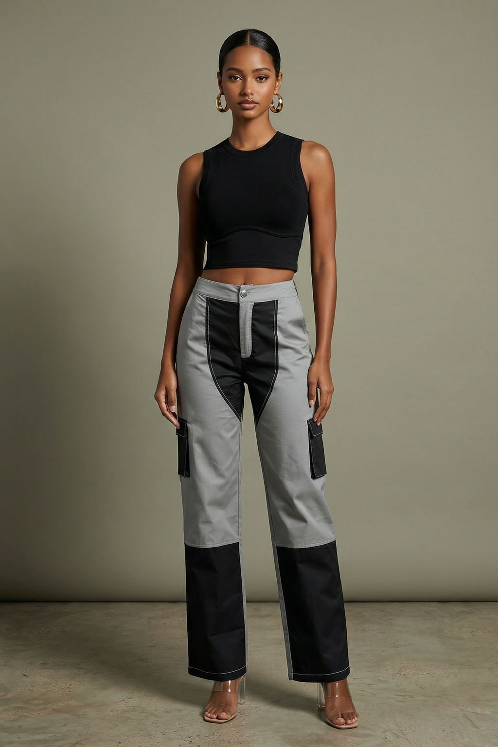 Colorblock Wide Leg Pants in Grey – Front view