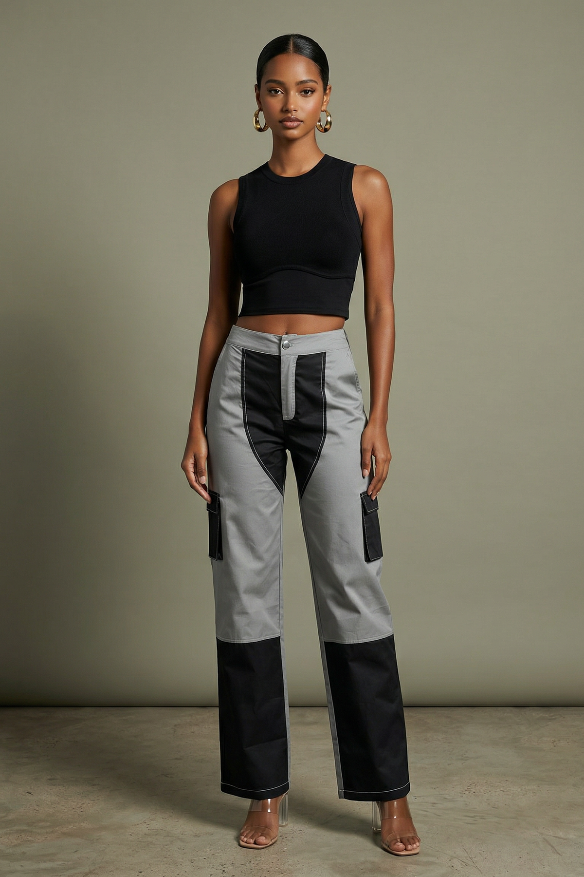 Colorblock Wide Leg Pants in Grey – Front view