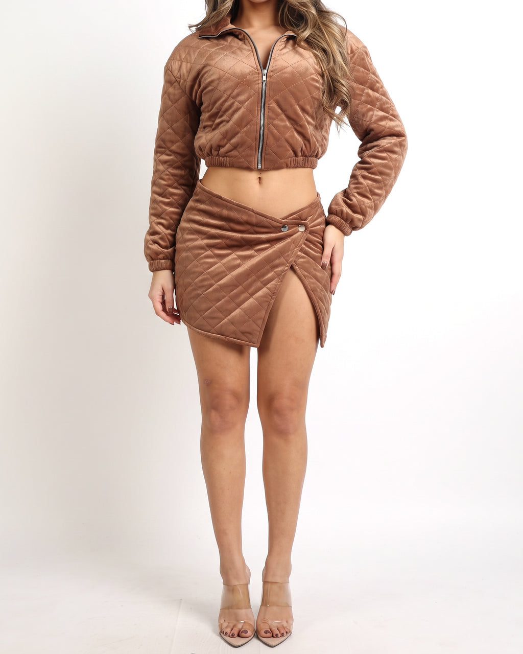 Brown quilted velvet skirt, alternate front view on model
