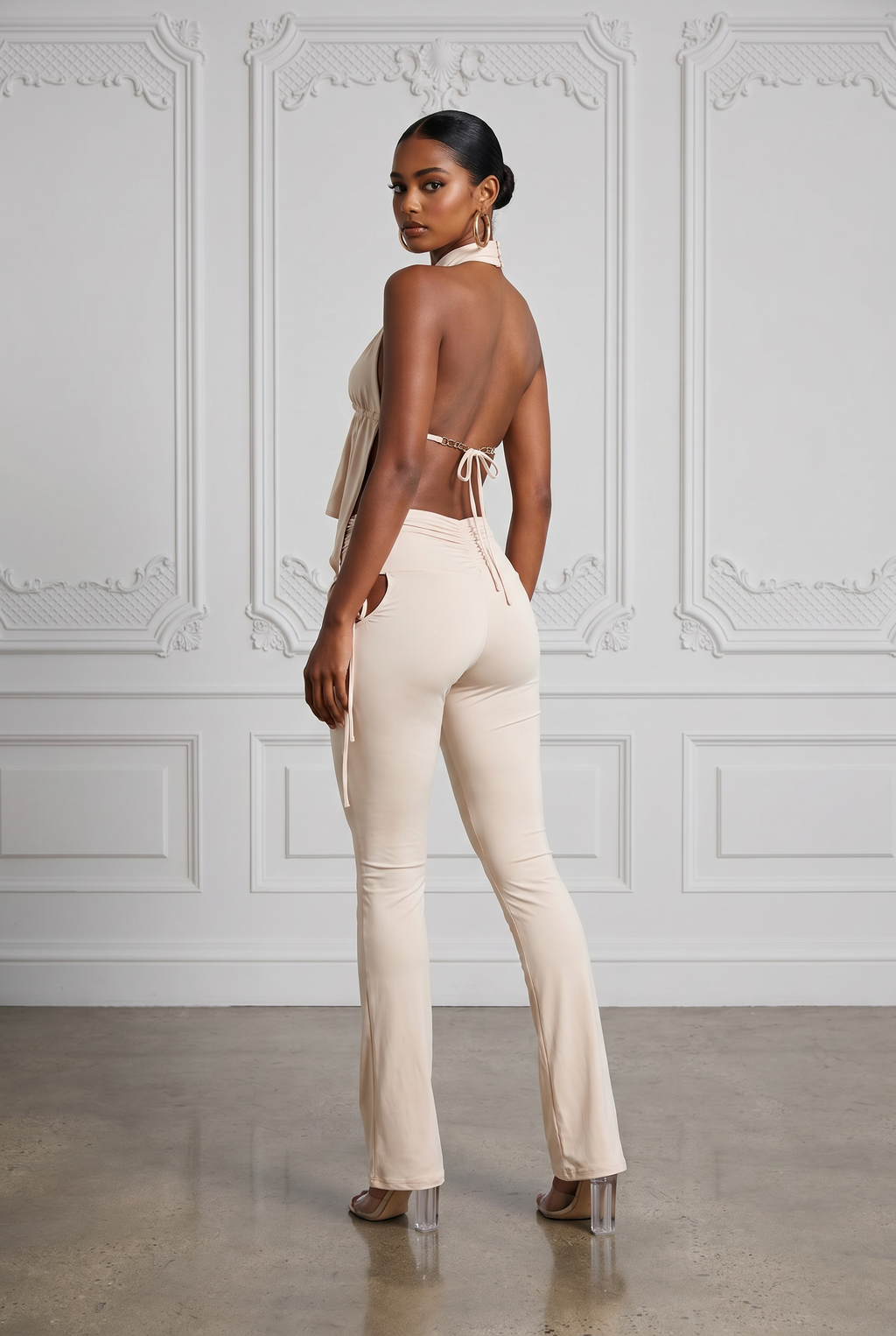 Halter Open Front Top & Flare Pant Set in Beige – Back view