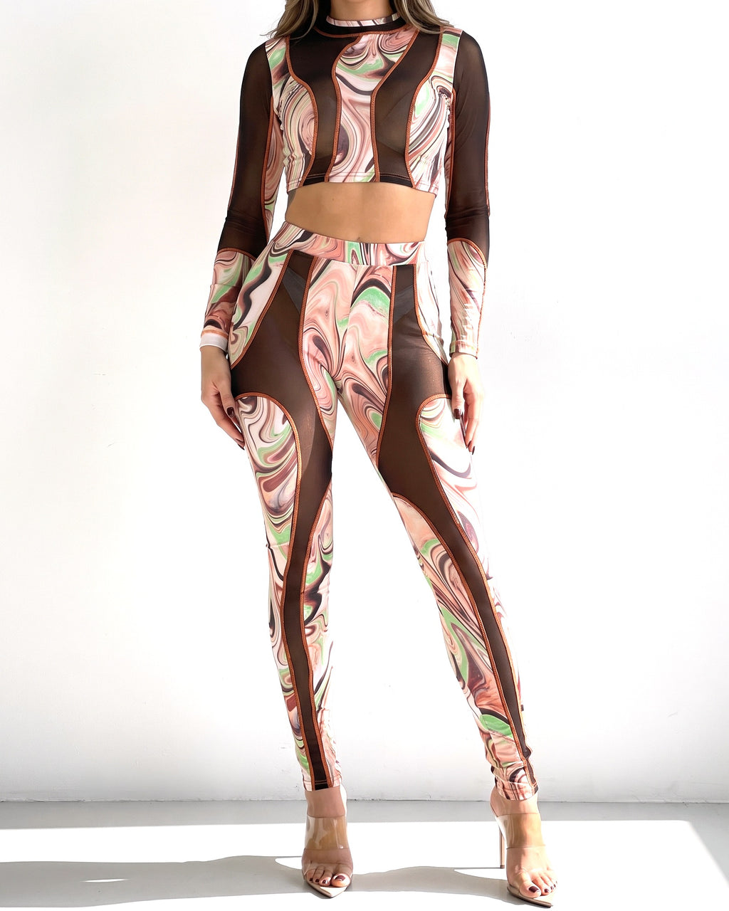 Muvin women's multicolor swirl print mesh contrast set, front view on model