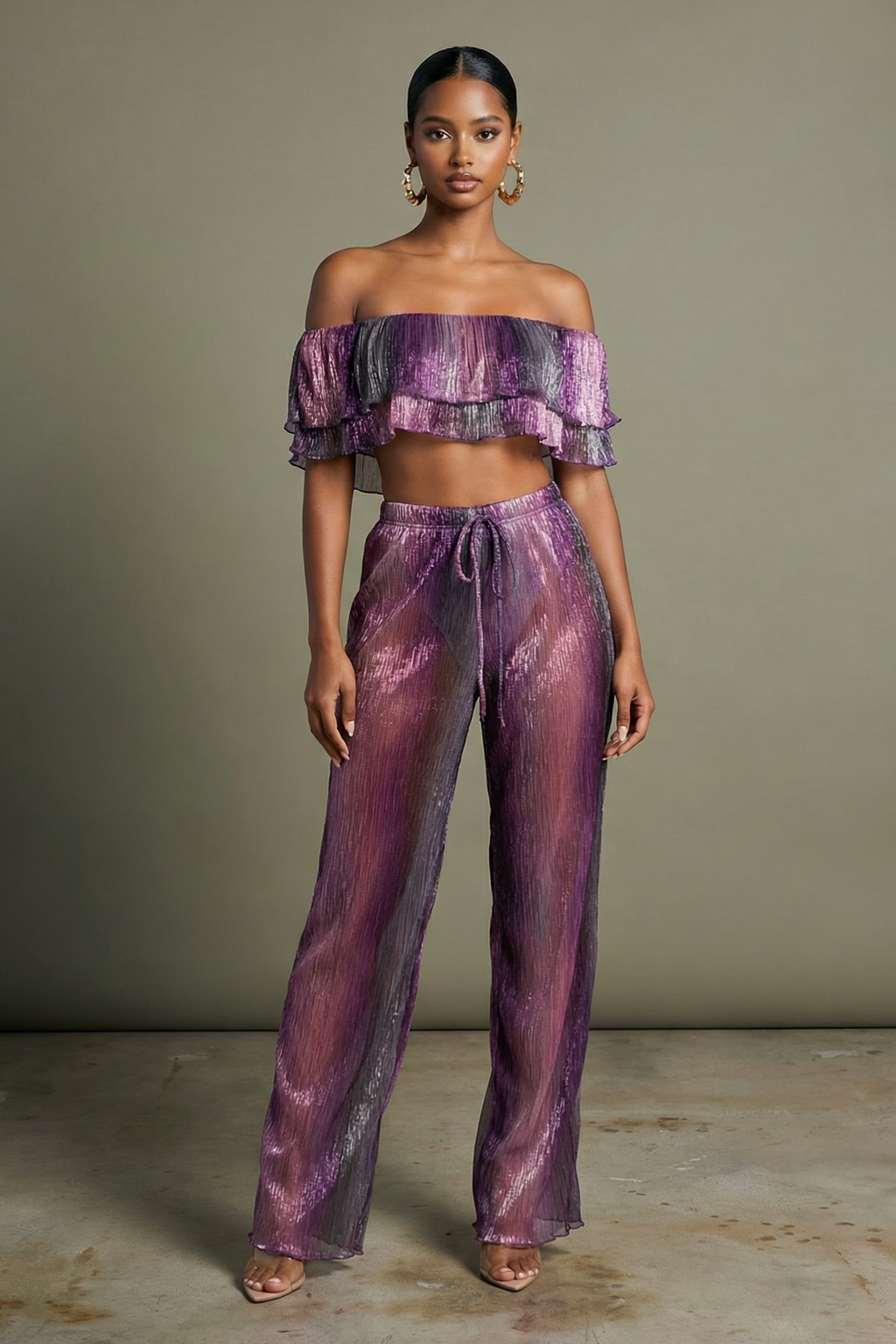 Purple multicolor tiered ruffle off shoulder crop top and wide leg pants two-piece set