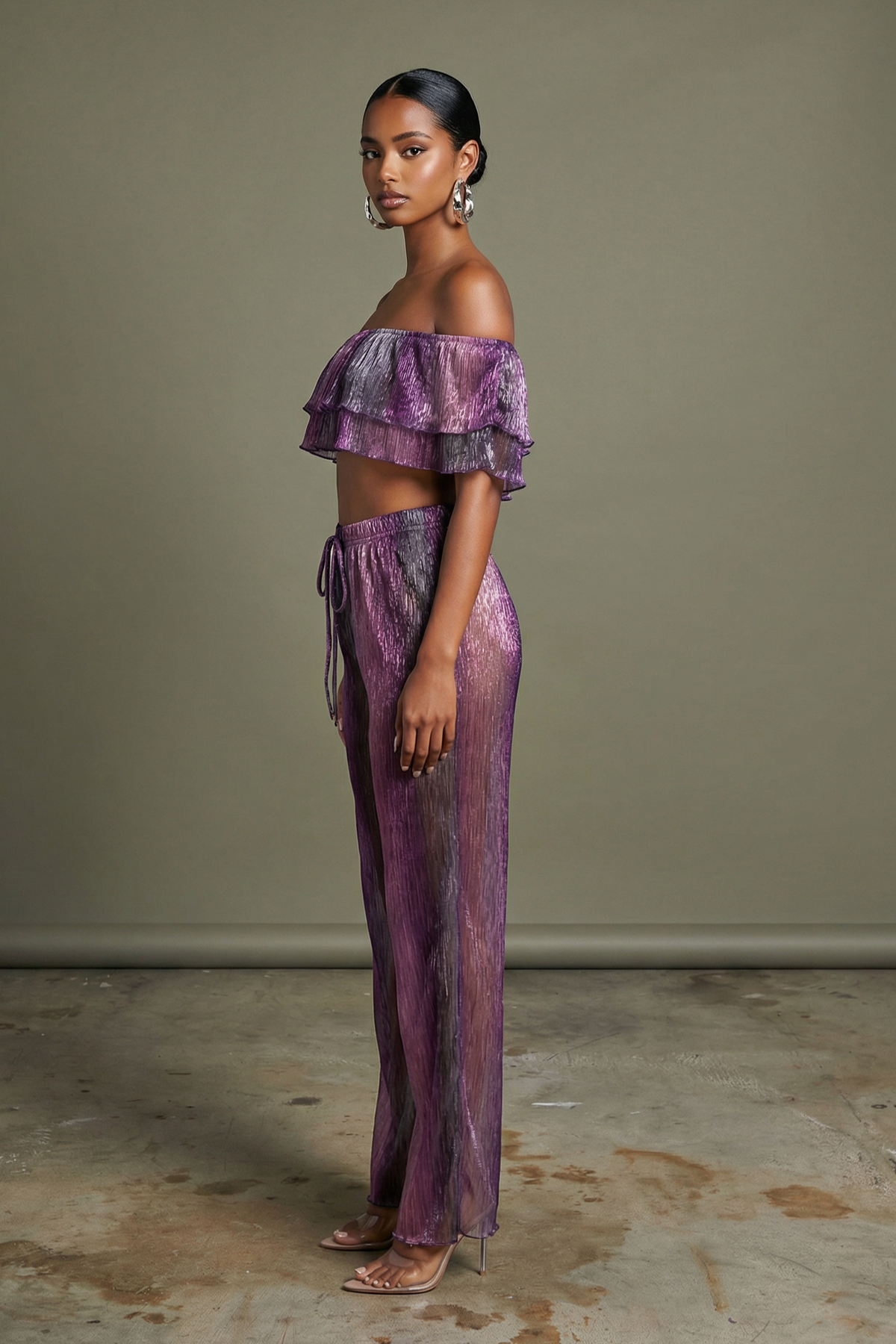 Purple ruffled off shoulder top and wide leg pants set, back view
