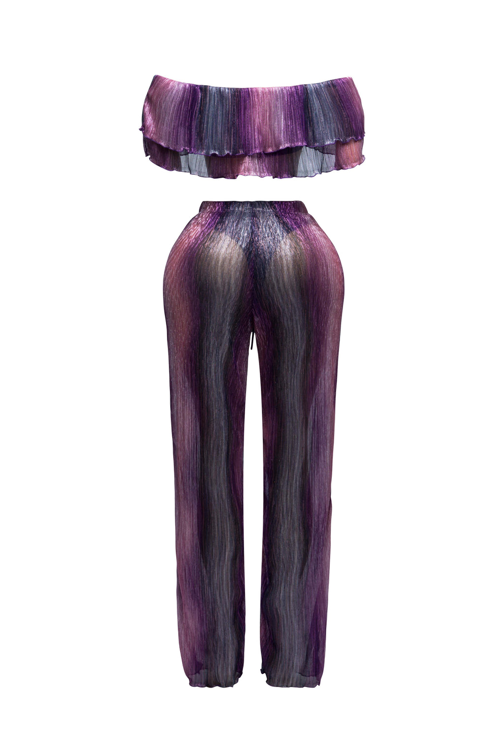 Purple multicolor ruffle off shoulder set, front view on model