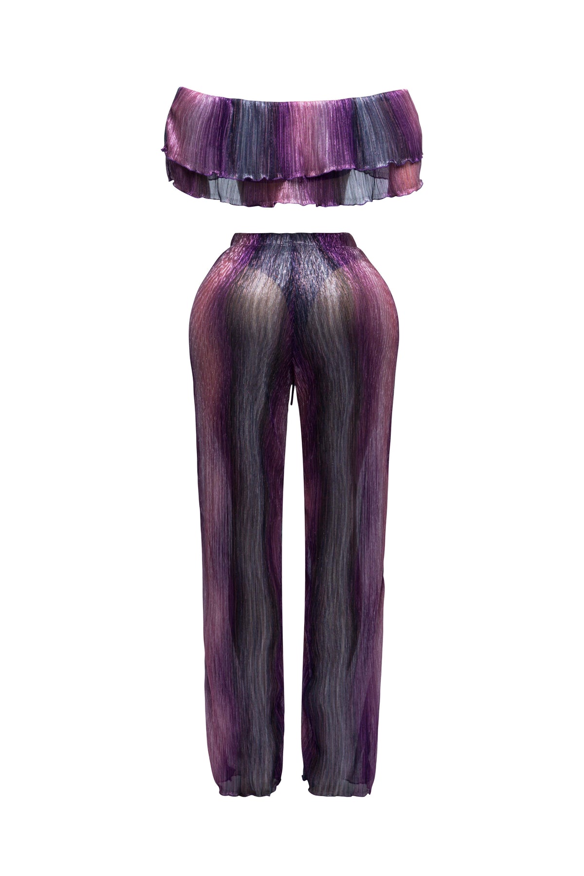 Purple multicolor ruffle off shoulder set, front view on model