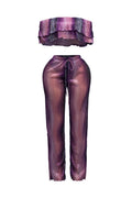 Purple multicolor ruffle off shoulder set, side view on model