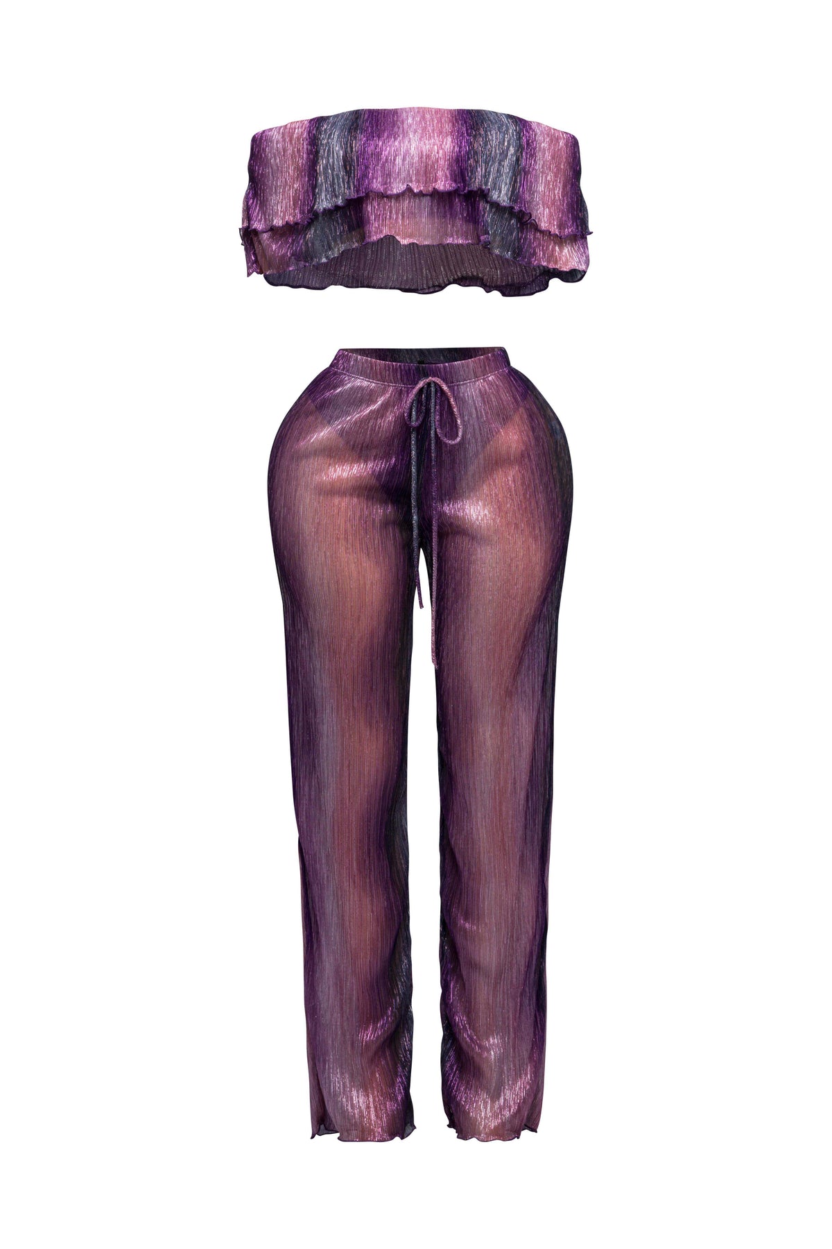 Purple multicolor ruffle off shoulder set, side view on model
