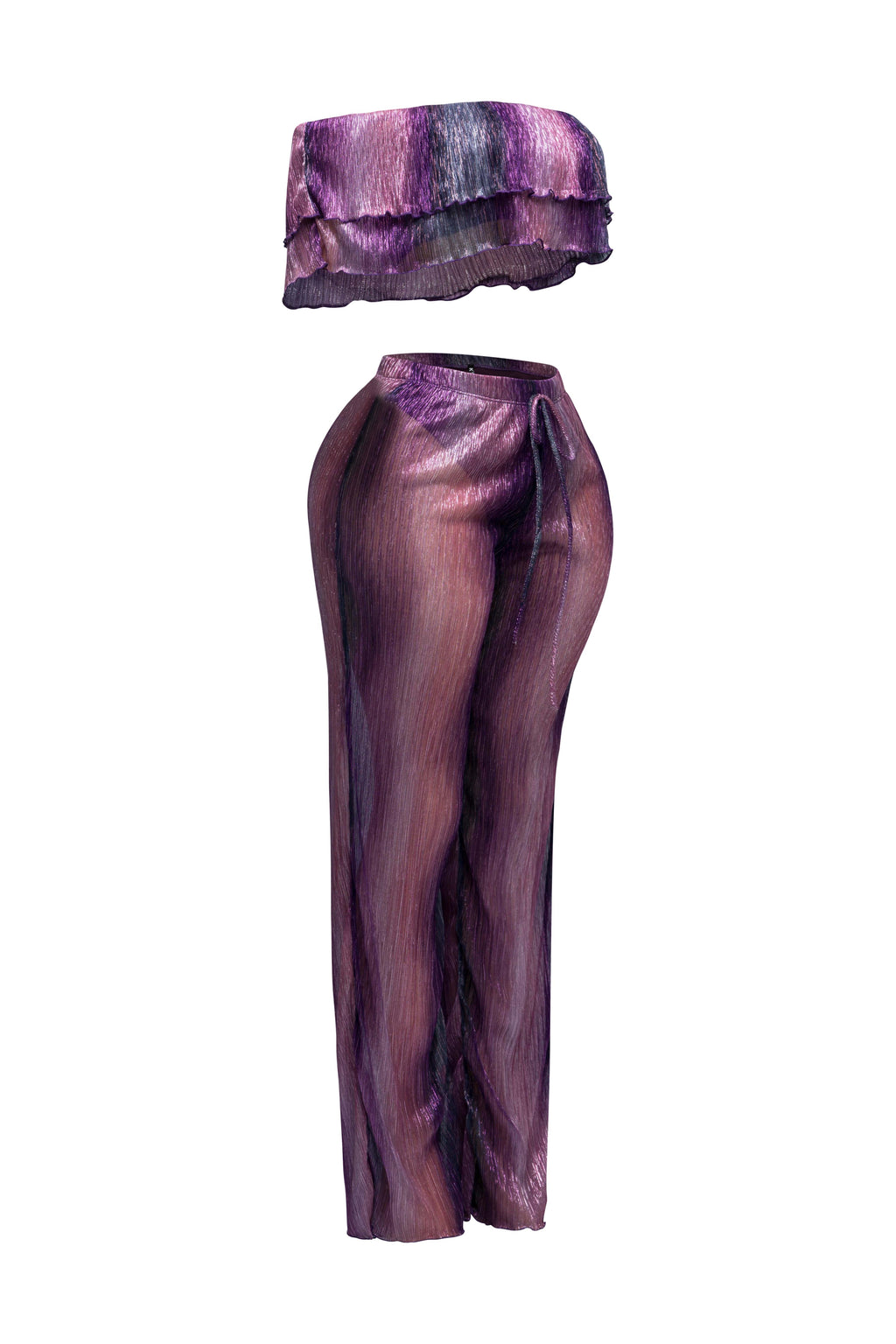 Purple multicolor ruffle off shoulder set, back view on model