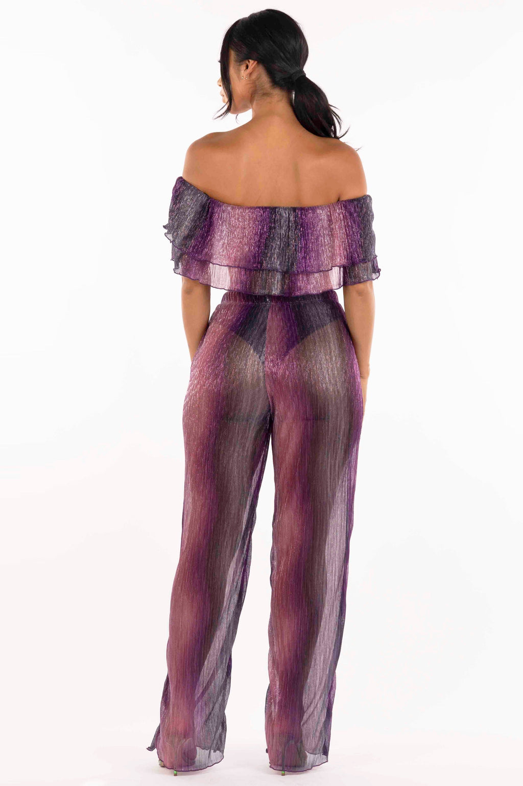Rust multicolor ruffle off shoulder set, alternate front view on model