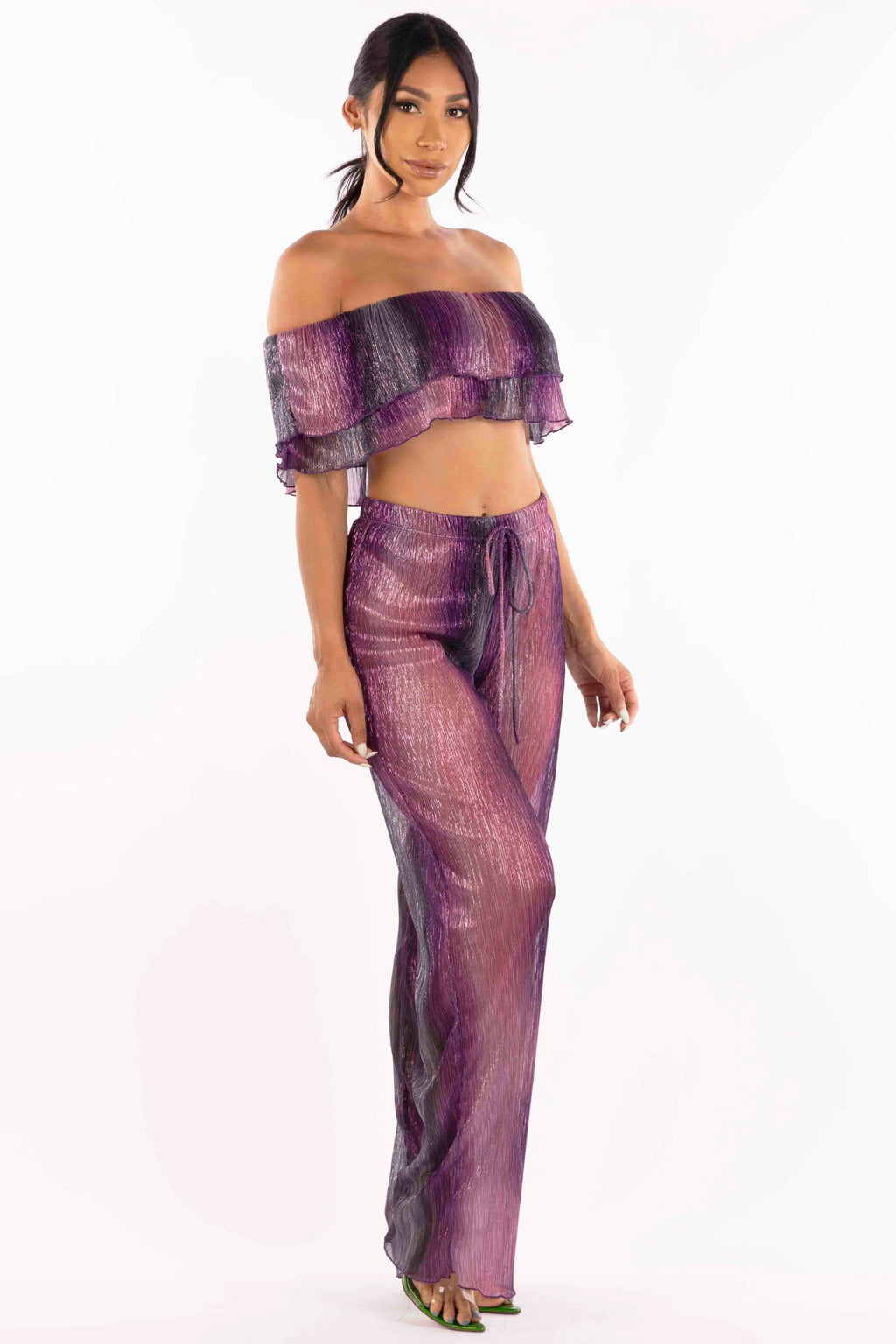 Rust multicolor ruffle off shoulder set, view 2 on model