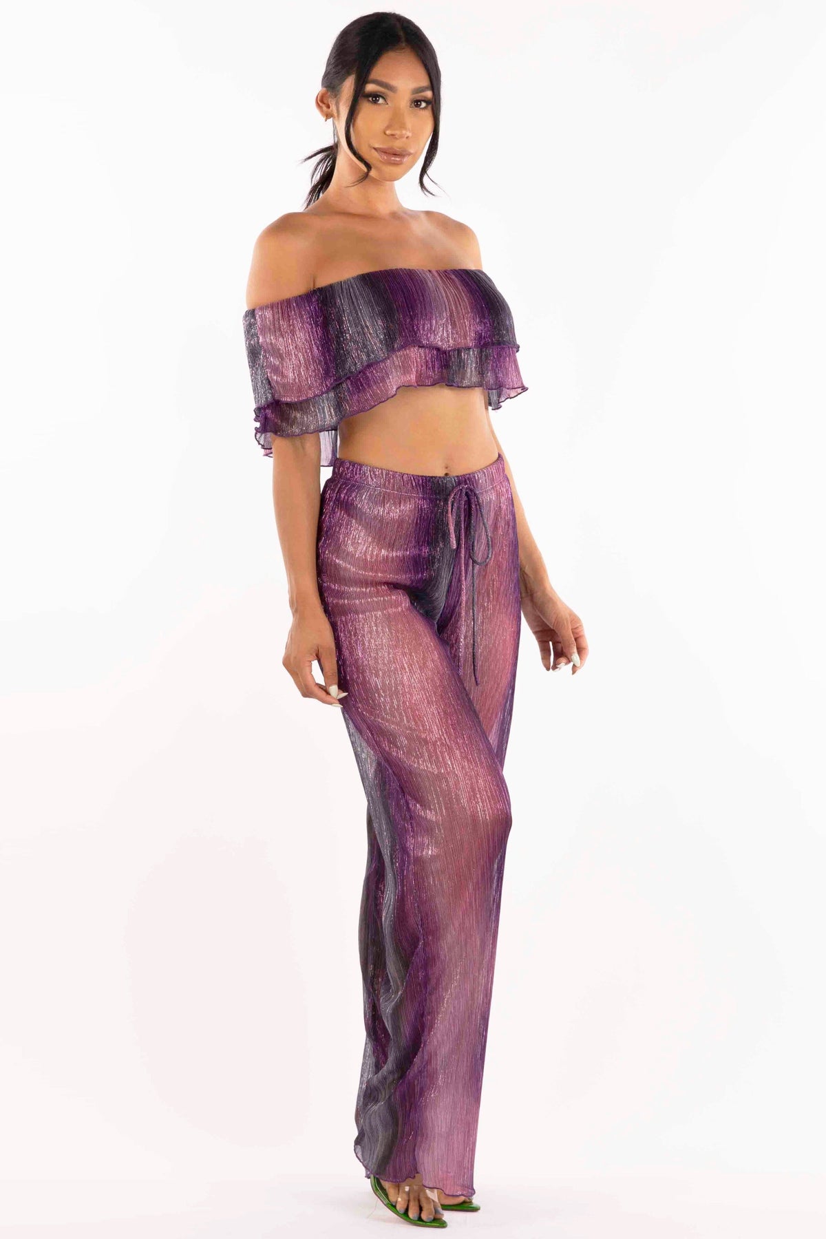 Rust multicolor ruffle off shoulder set, view 2 on model