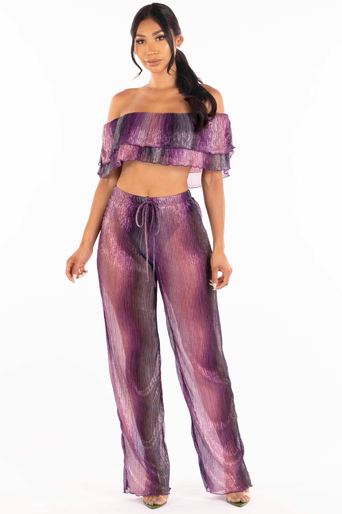 Rust multicolor ruffle off shoulder set, alternate back view on model