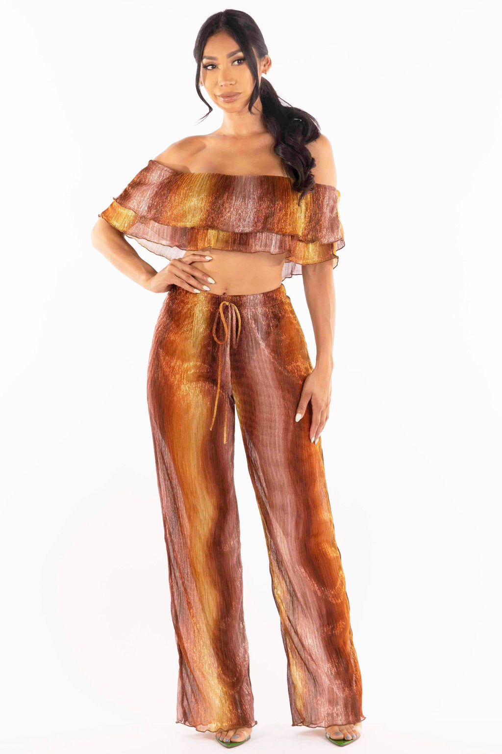 Rust multicolor ruffle off shoulder set, side view on model