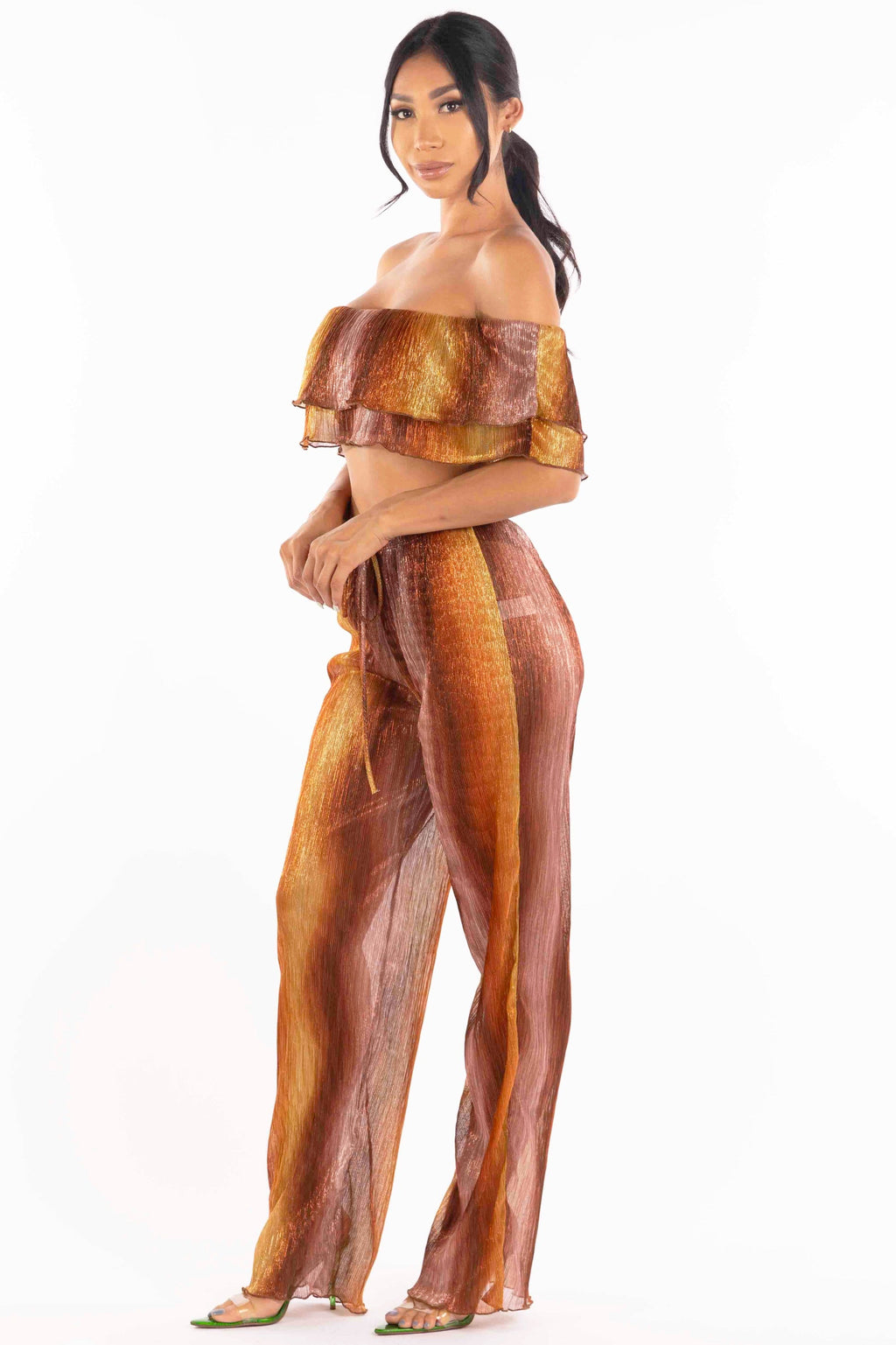 Rust multicolor ruffle off shoulder set, angled view on model
