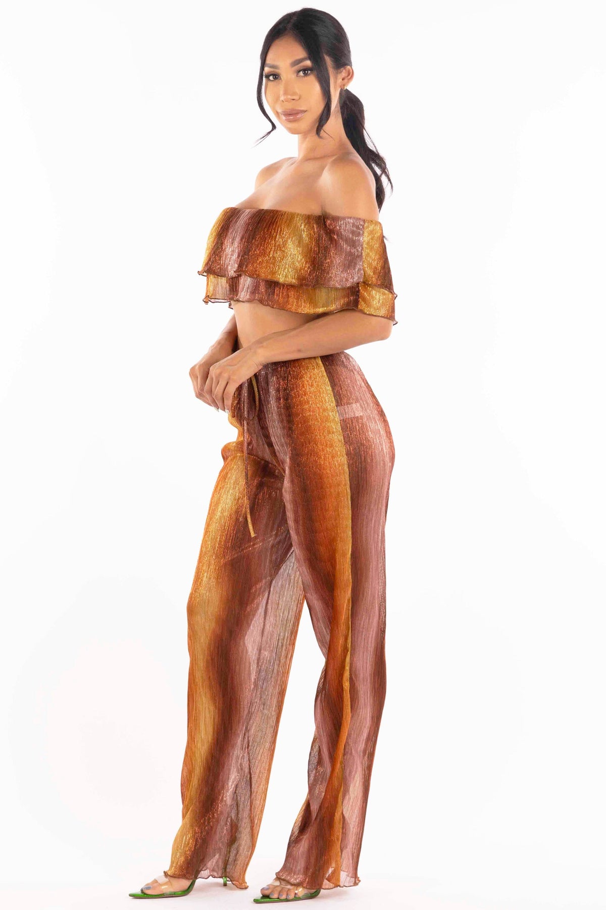 Rust multicolor ruffle off shoulder set, angled view on model