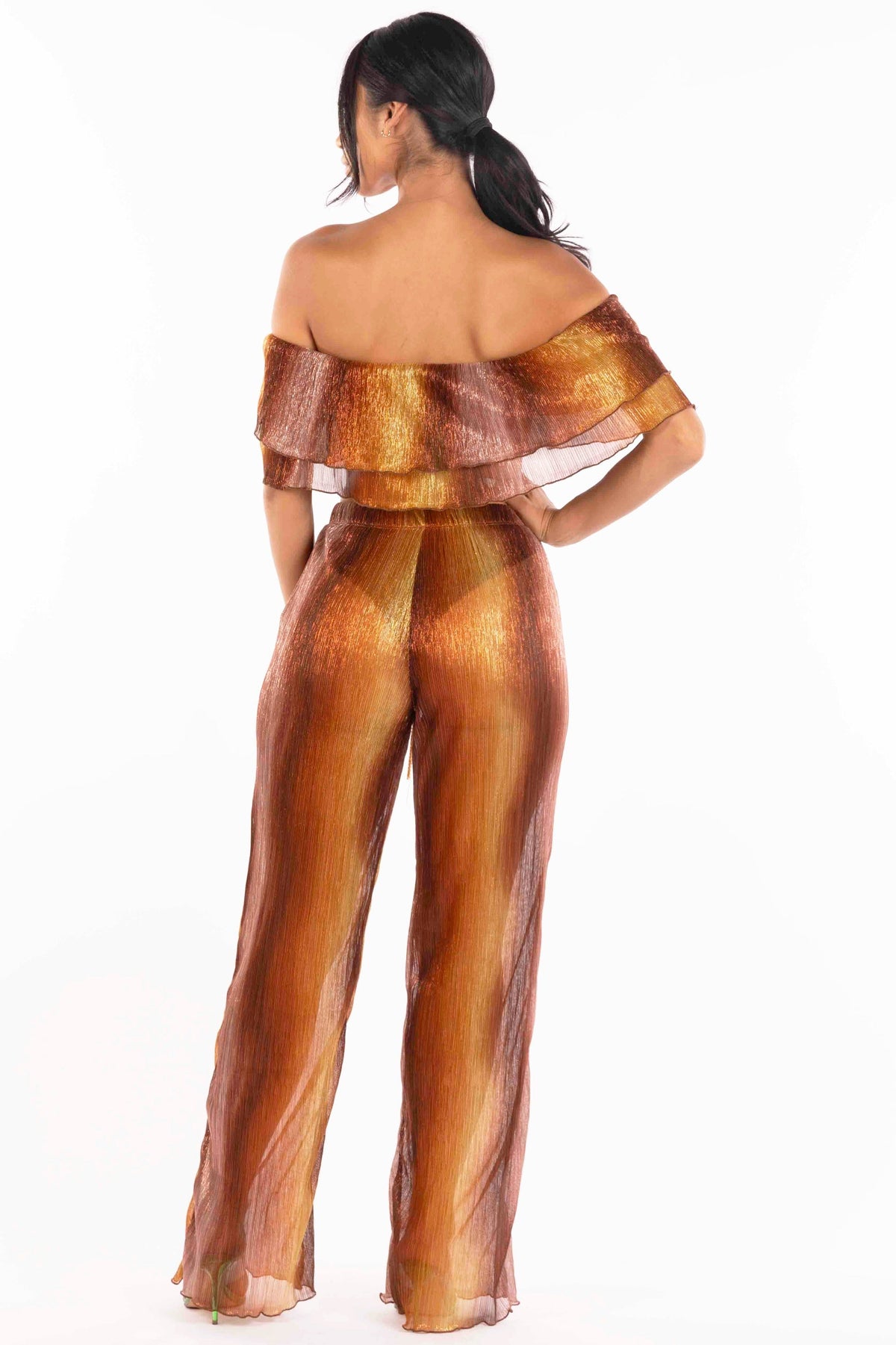 Rust multicolor ruffle off shoulder set, close-up view on model