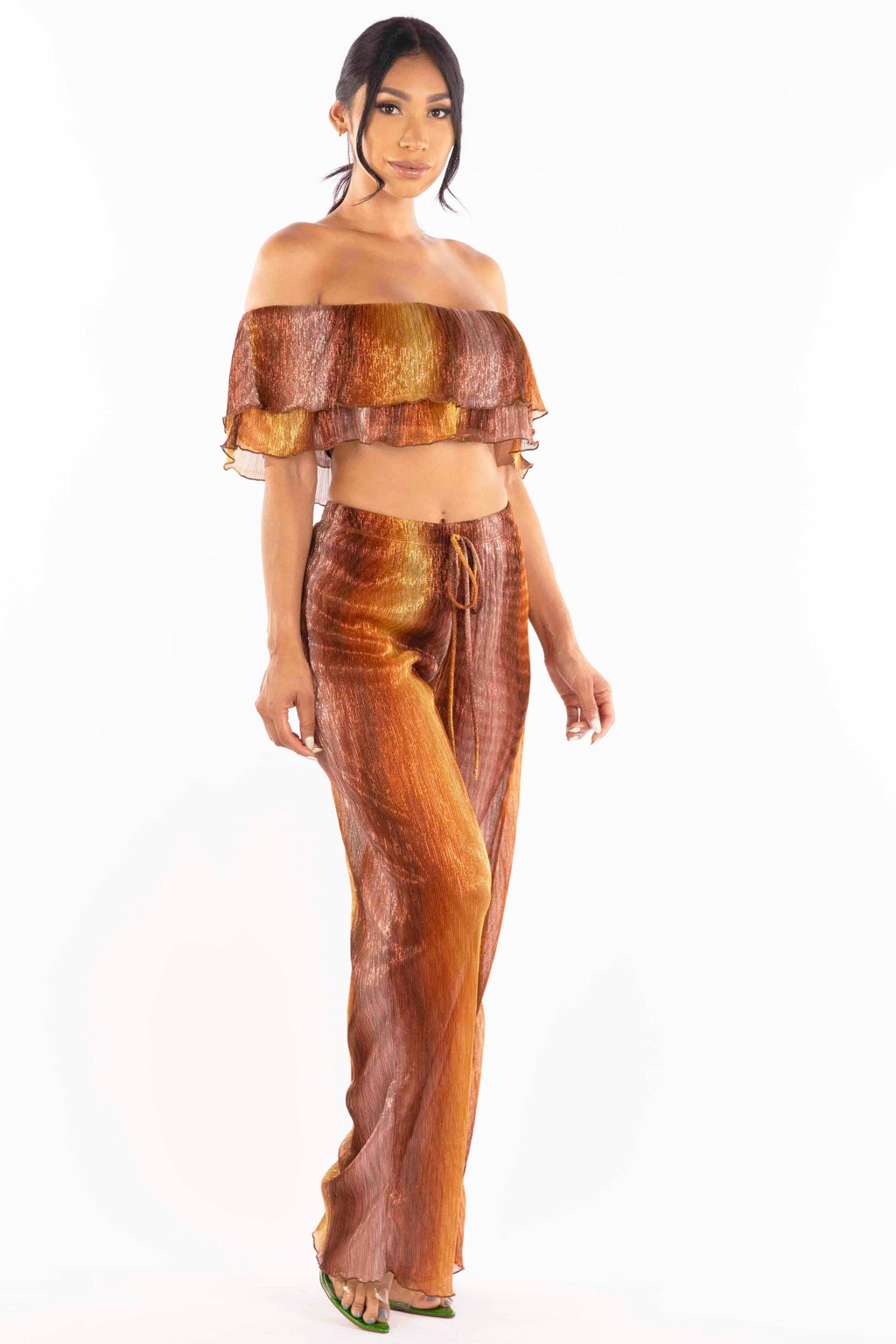 Rust multicolor ruffle off shoulder set, full-length view on model