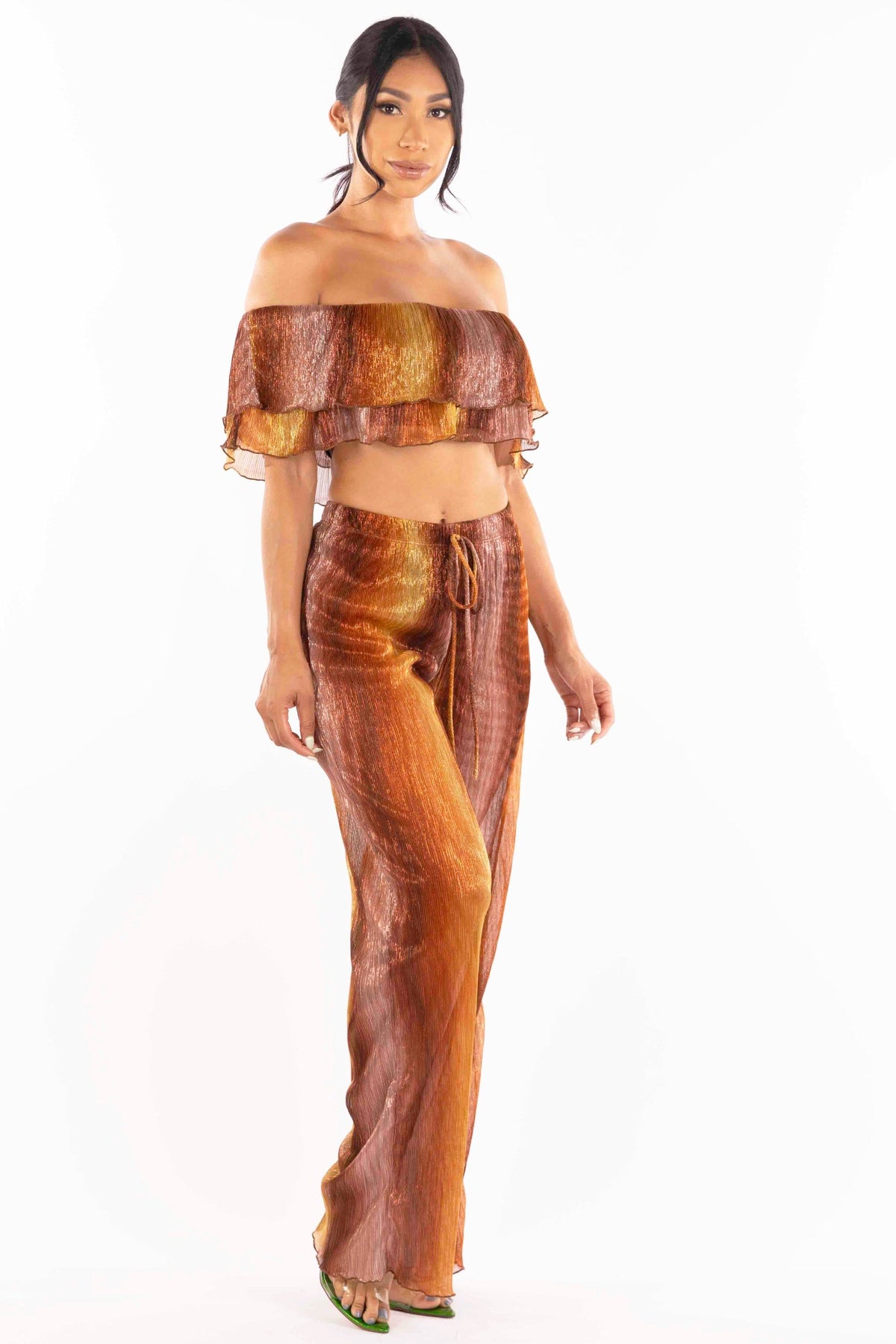 Rust multicolor ruffle off shoulder set, full-length view on model