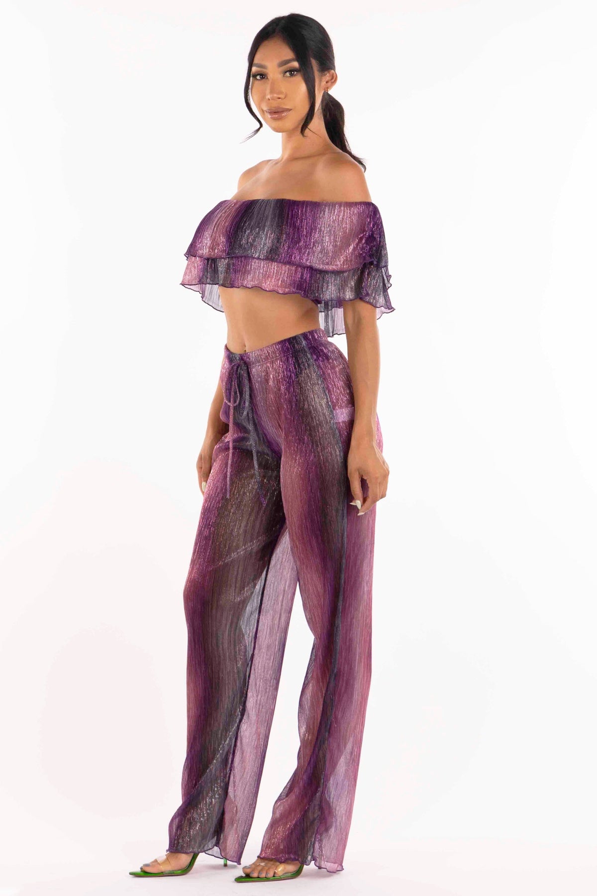 Rust multicolor ruffle off shoulder set, view 3 on model