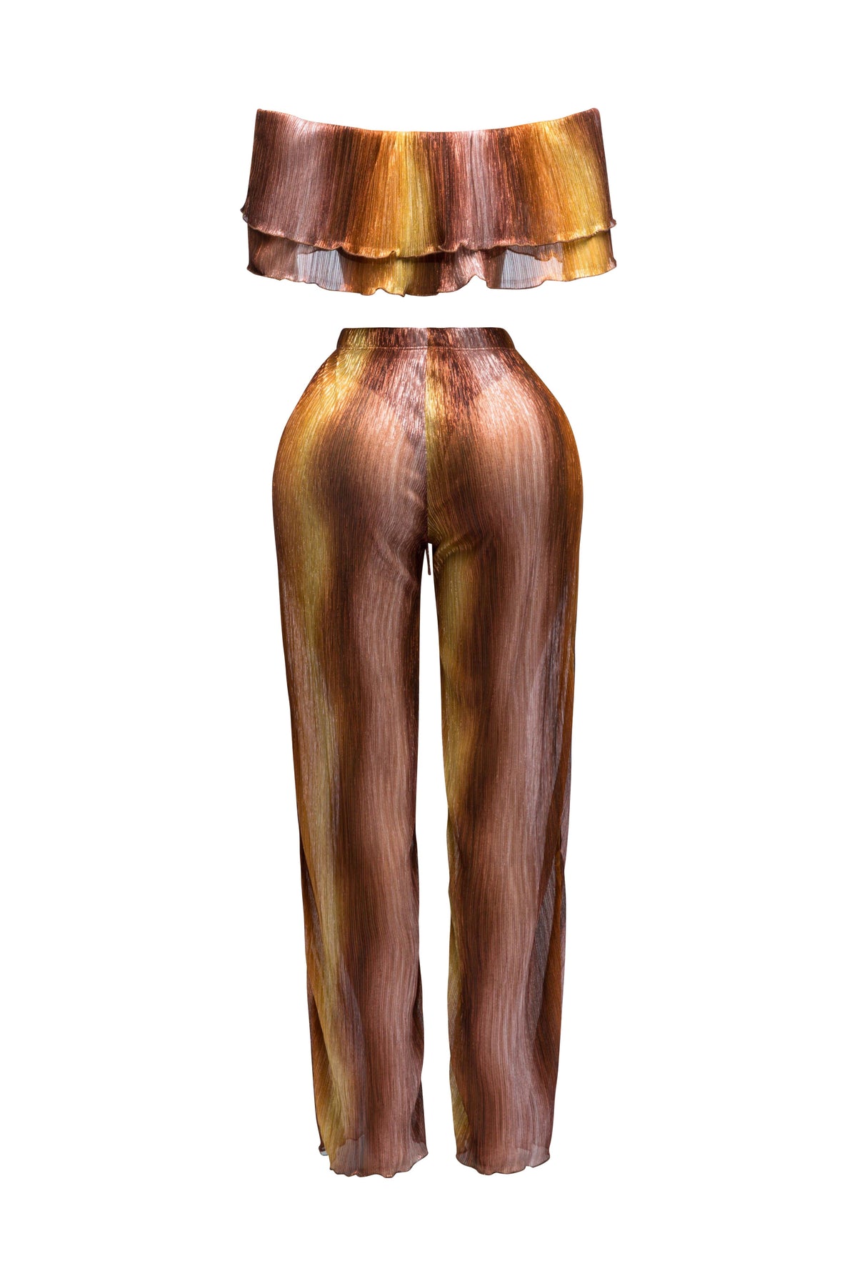 Rust multicolor ruffle off shoulder set, front view on model