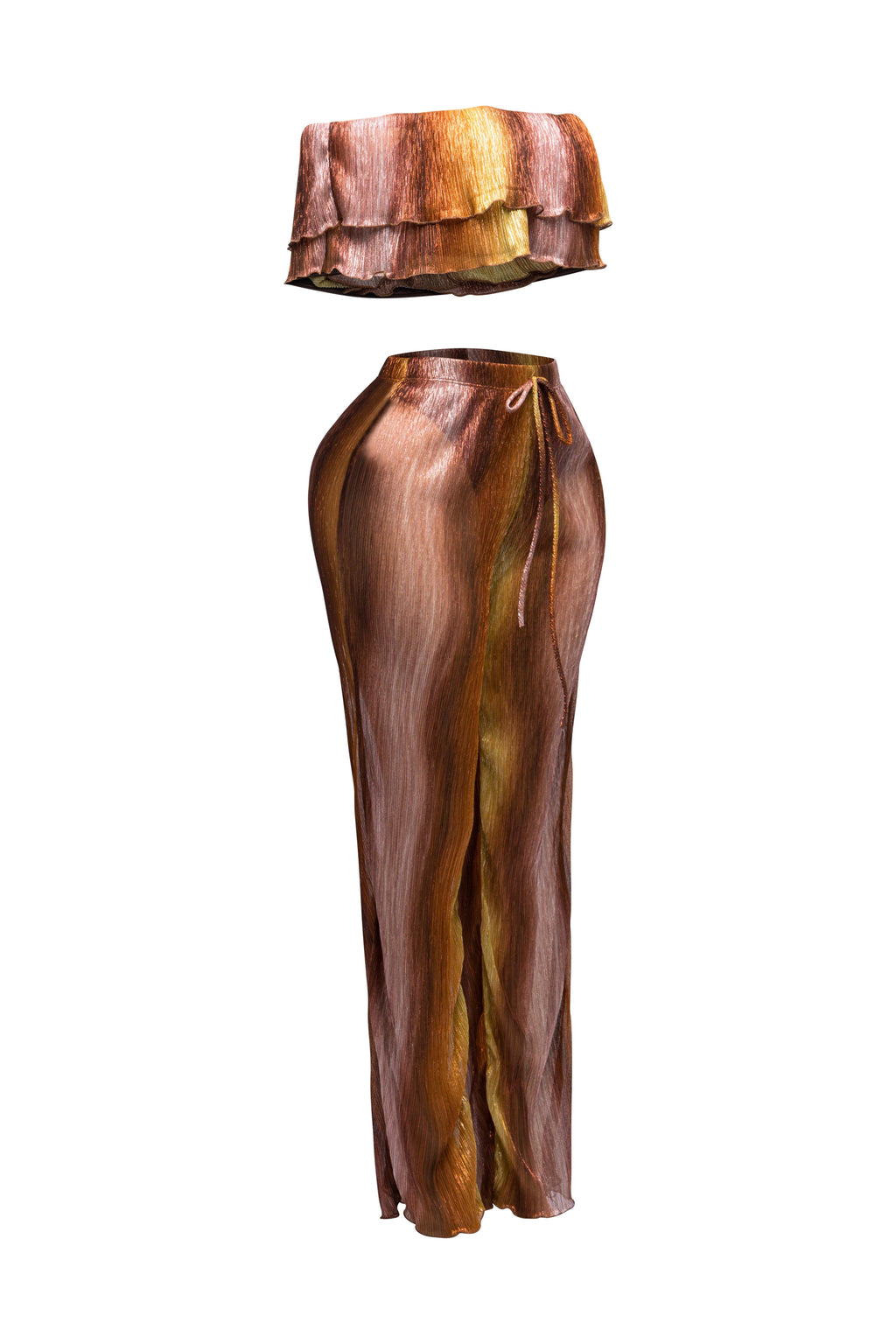 Rust multicolor ruffle off shoulder set, styled look on model