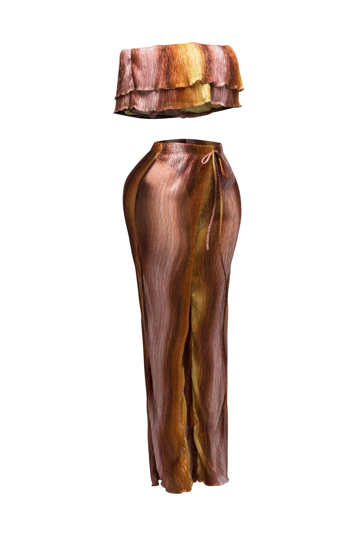 Rust multicolor ruffle off shoulder set, styled look on model