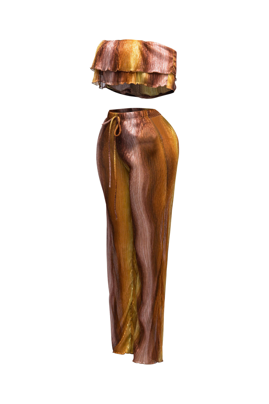 Rust multicolor ruffle off shoulder set, detail view on model