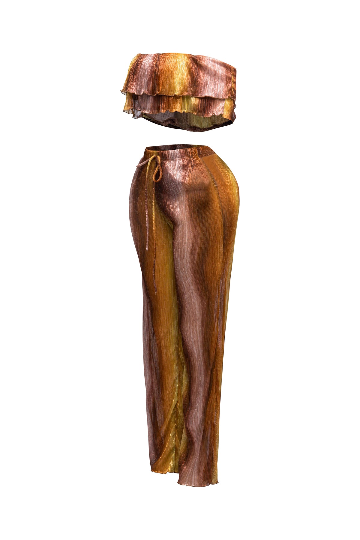 Rust multicolor ruffle off shoulder set, detail view on model