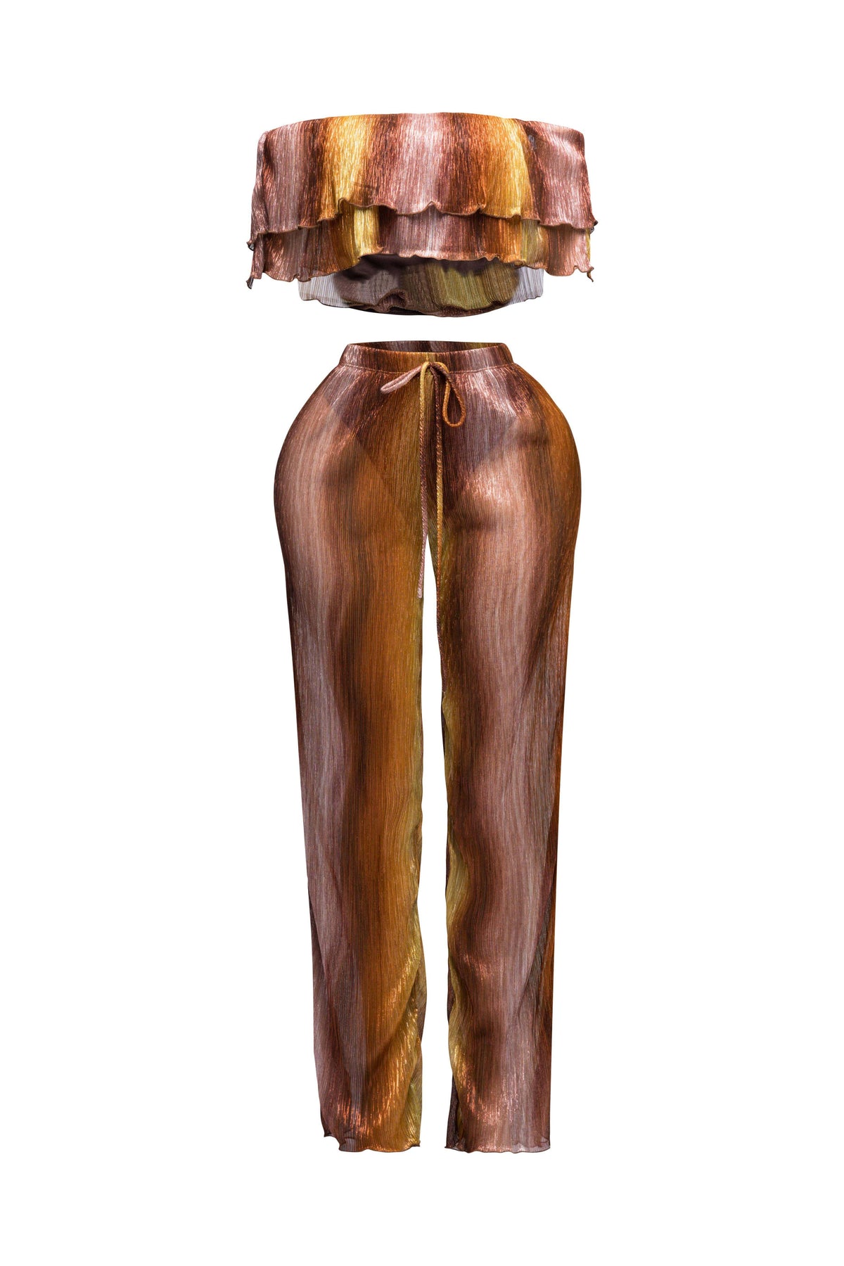 Rust multicolor ruffle off shoulder set, back view on model