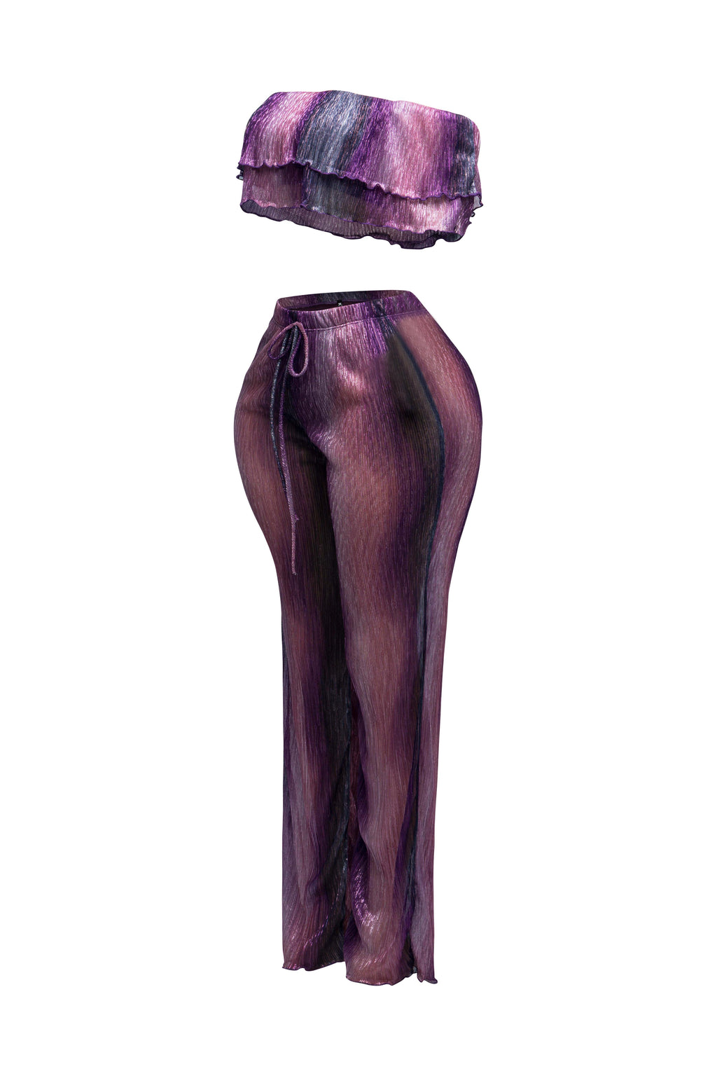 Purple multicolor ruffle off shoulder set, detail view on model