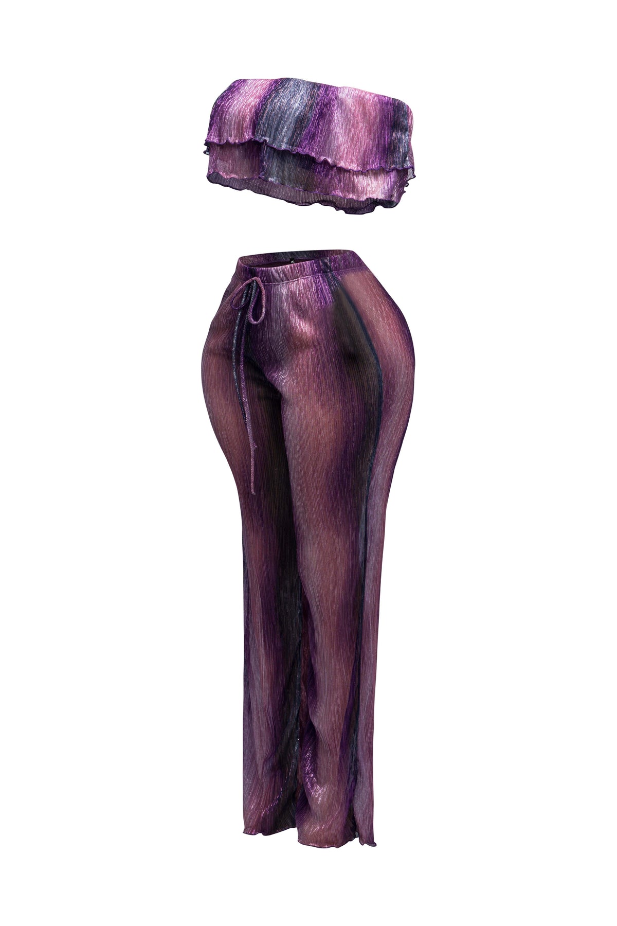 Purple multicolor ruffle off shoulder set, detail view on model