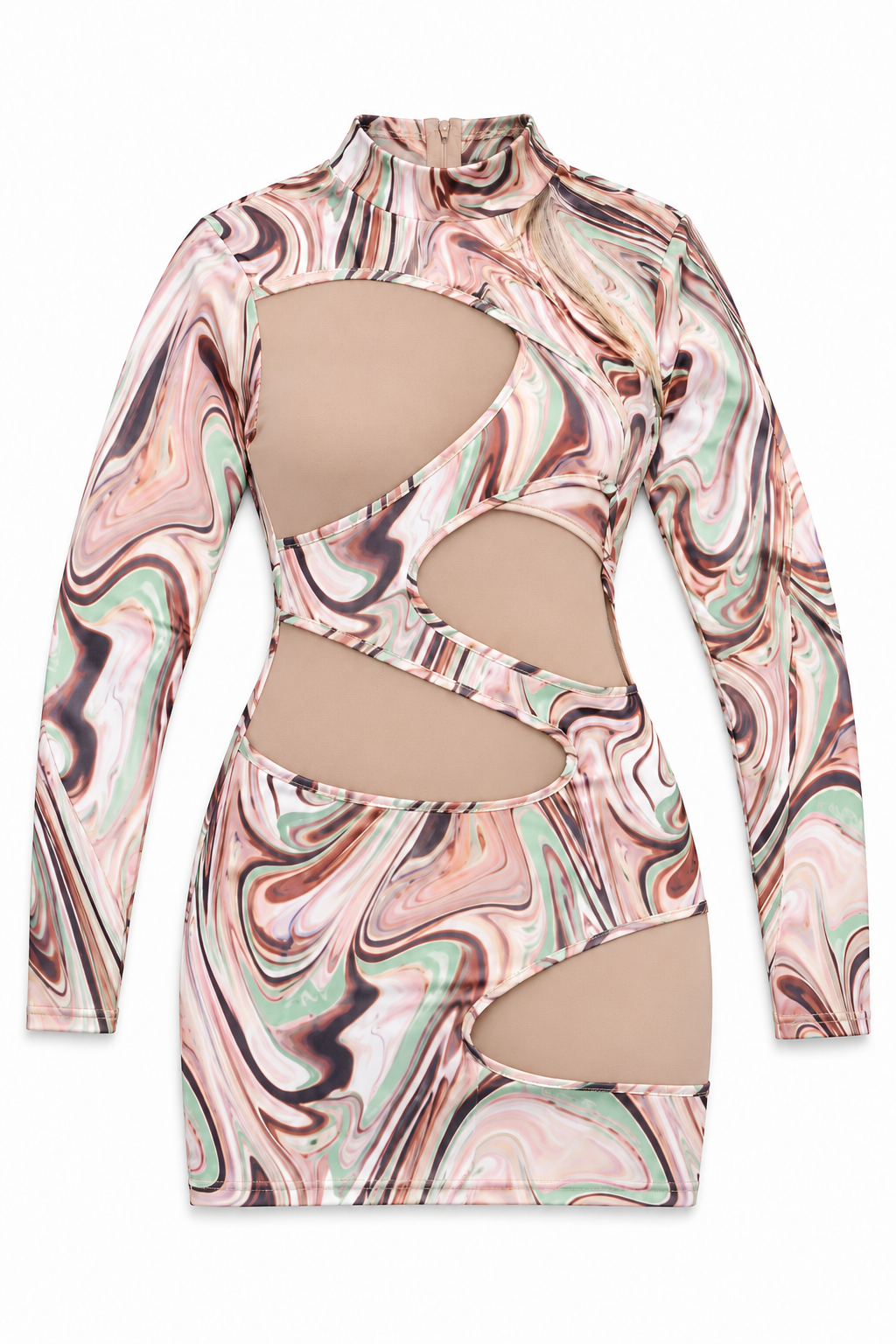 Multicolor mesh contrast cutout print dress, detail view, garment only