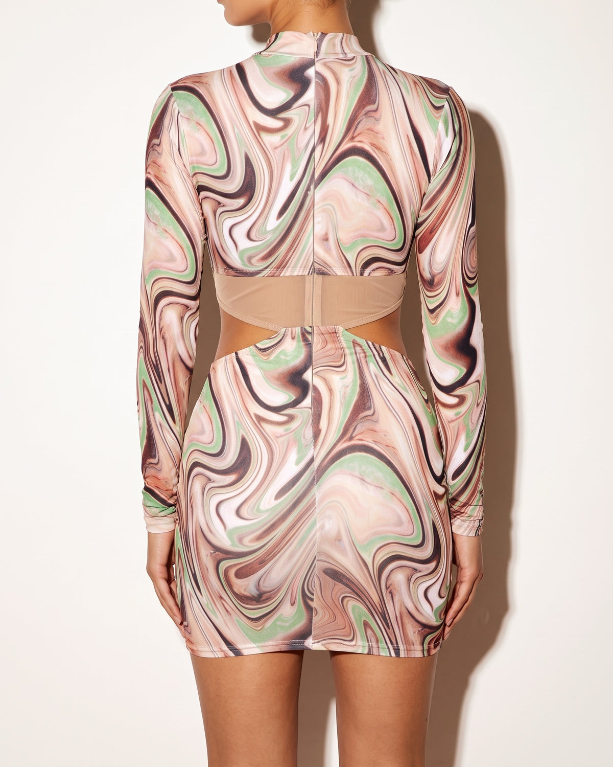 Multicolor mesh contrast cutout print dress, back view on model