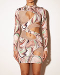 Muvin women's multicolor mesh contrast cutout print dress, front view on model