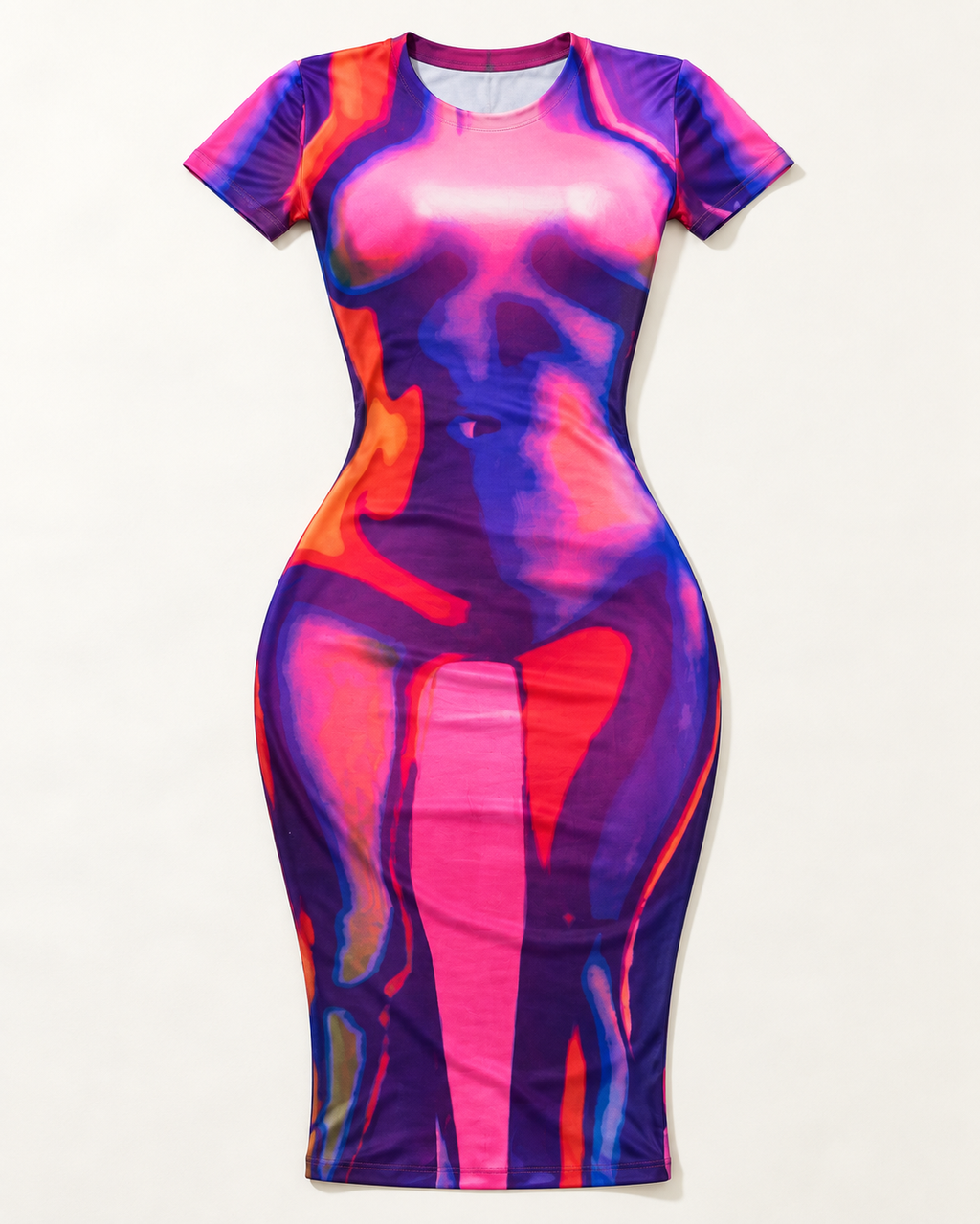 Pink thermal print short sleeve midi dress – front view
