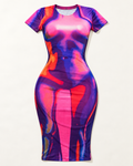 Pink thermal print short sleeve midi dress – front view